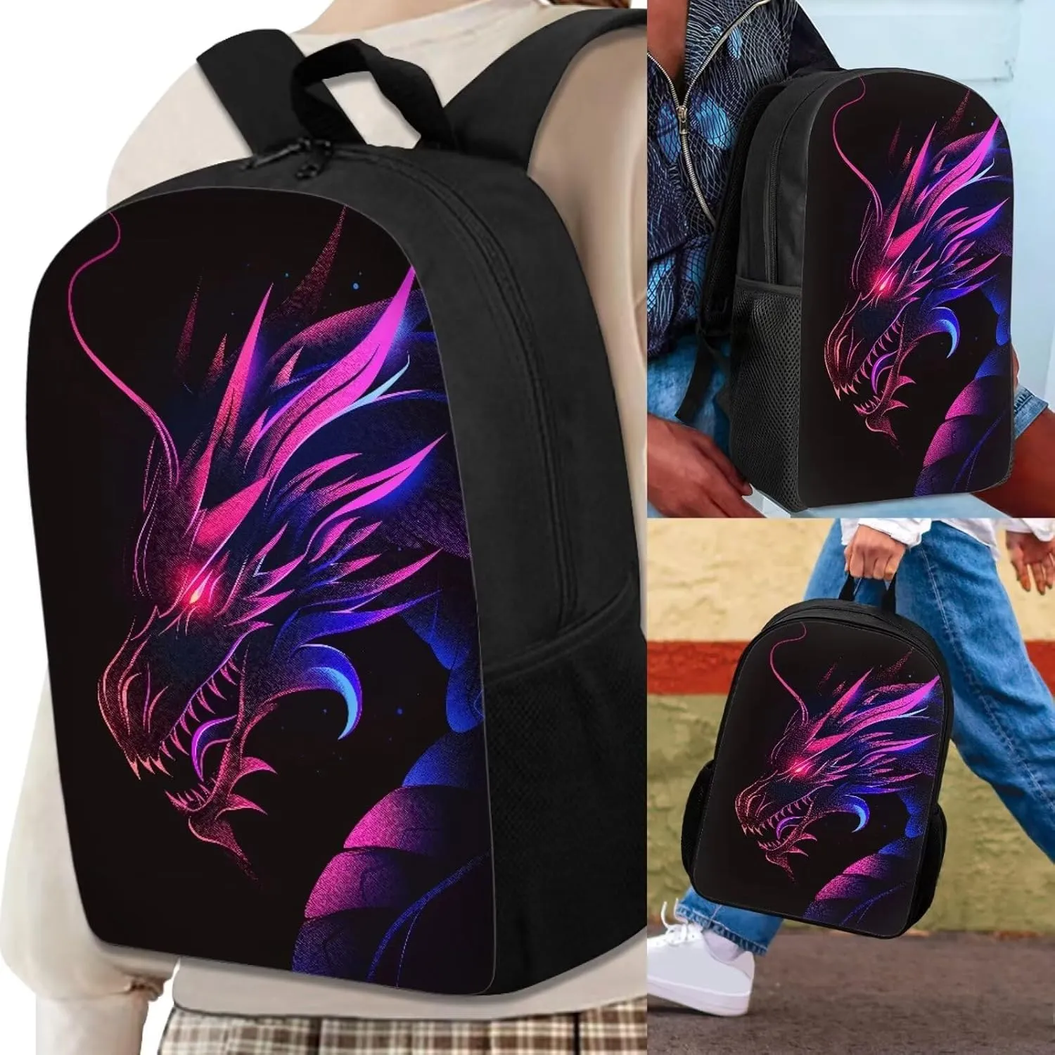 Howilath Cool Ghostly Dragon Print Boys Backpack with Lunch Bag, 17 Inch Backpack Set Teen Boys Shoulder Book Bag Middle School Backpack Pencil Case