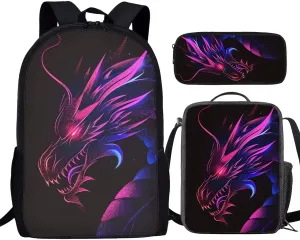 Howilath Cool Ghostly Dragon Print Boys Backpack with Lunch Bag, 17 Inch Backpack Set Teen Boys Shoulder Book Bag Middle School Backpack Pencil Case