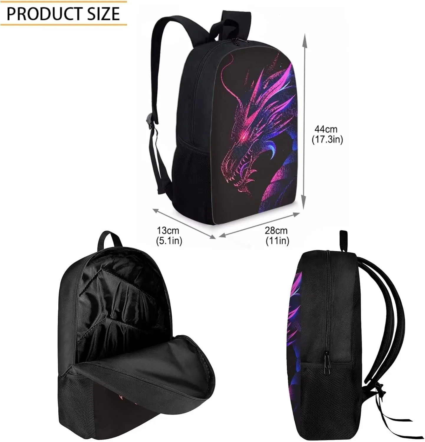 Howilath Cool Ghostly Dragon Print Boys Backpack with Lunch Bag, 17 Inch Backpack Set Teen Boys Shoulder Book Bag Middle School Backpack Pencil Case