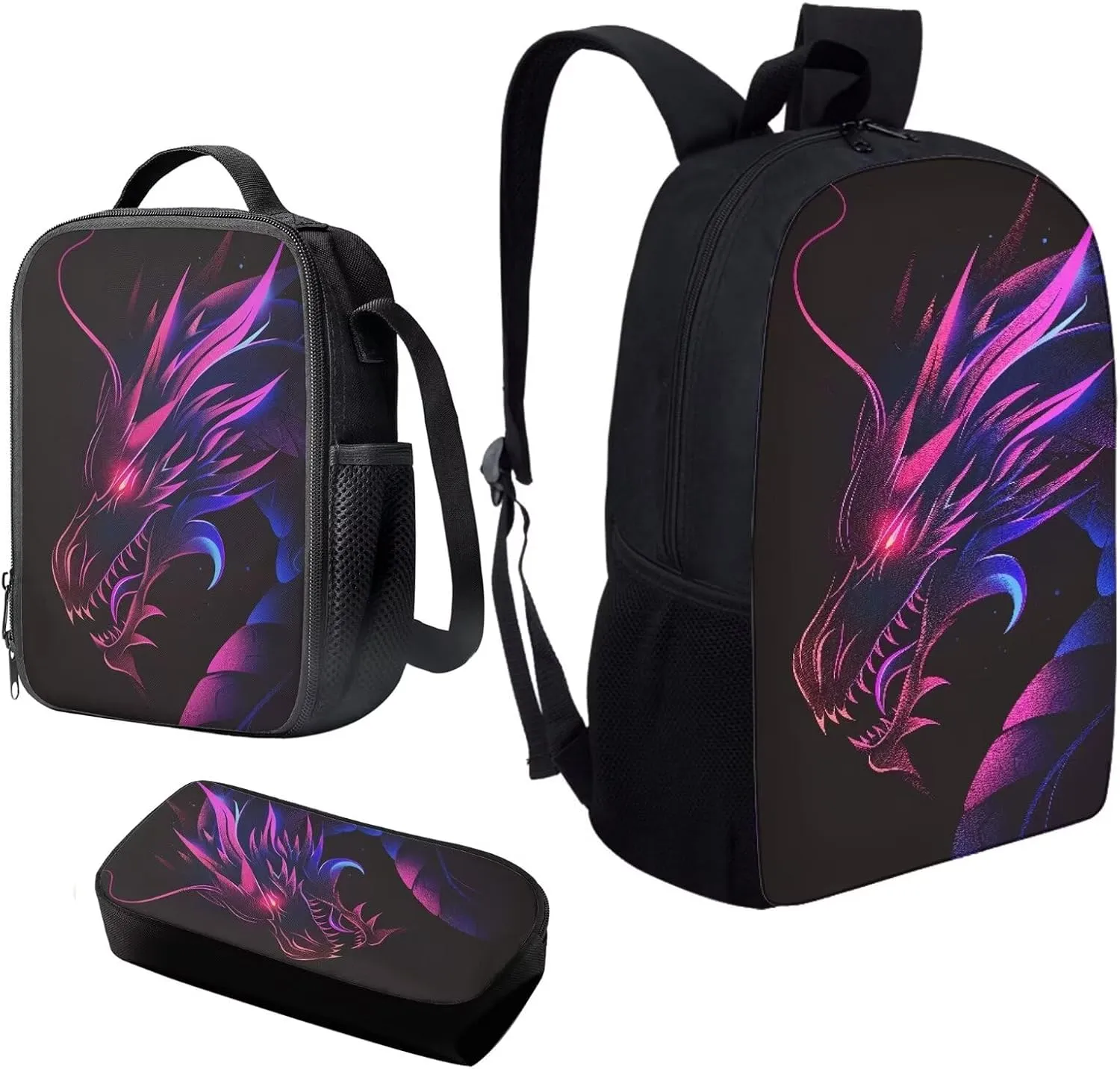 Howilath Cool Ghostly Dragon Print Boys Backpack with Lunch Bag, 17 Inch Backpack Set Teen Boys Shoulder Book Bag Middle School Backpack Pencil Case