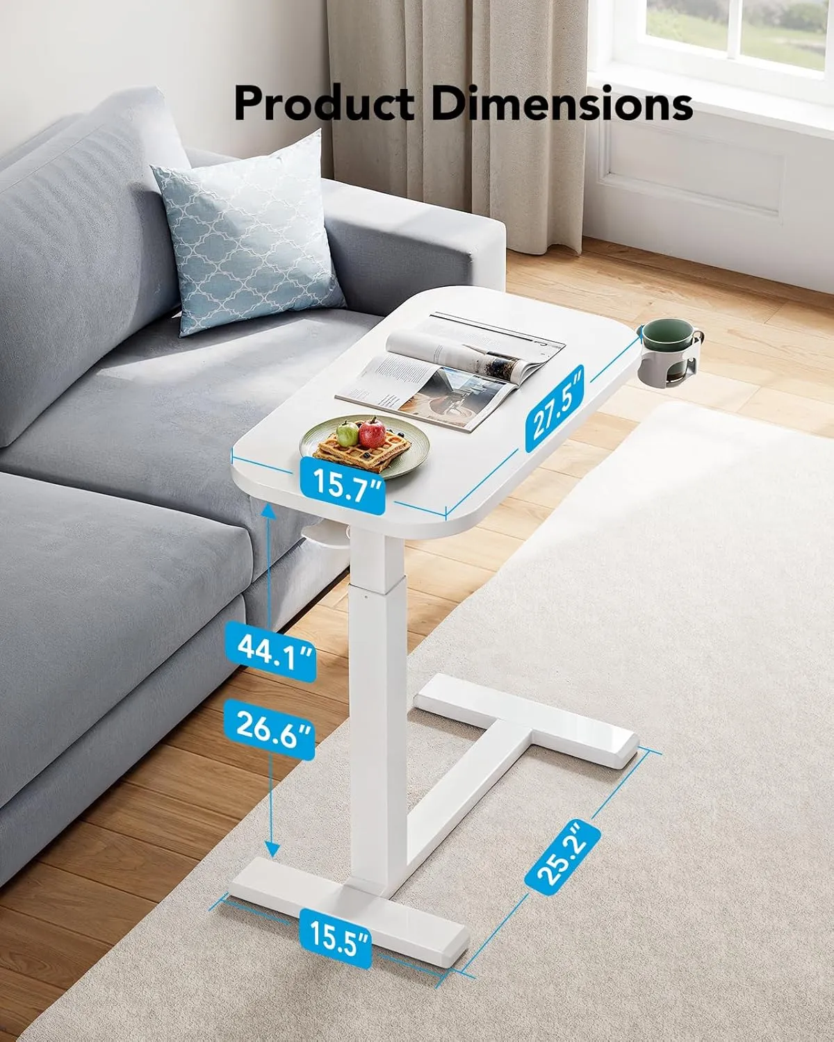 HUANUO Bedside Table with Wheels, Height-Adjustable Rolling Computer Cart, Overbed Table with Cup Holder, Pneumatic Laptop Standing Desk for Home Office, White (27.6" x 15.7")