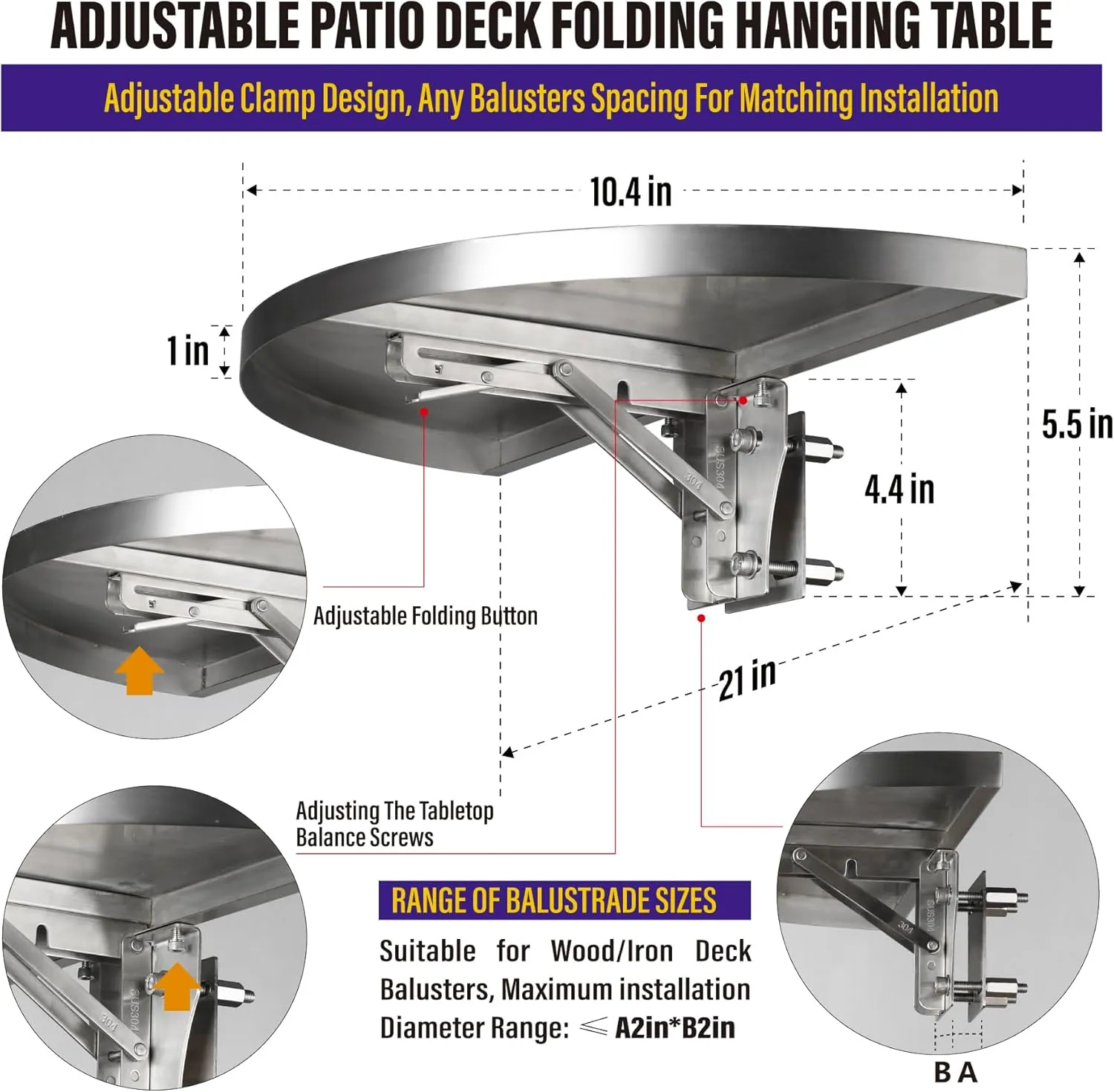 Hulave 304 Stainless Steel Deck Railing Adjustable Railing Folding Table, 10.5"x21" Balcony Railing Hanging Table, for Deck Railing, Patios, Gardens Folding Patio Table (1pack-Stainless Steel)