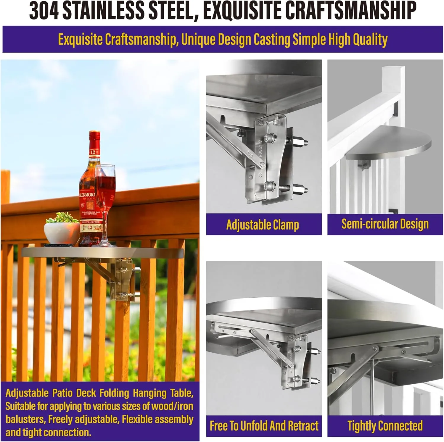 Hulave 304 Stainless Steel Deck Railing Adjustable Railing Folding Table, 10.5"x21" Balcony Railing Hanging Table, for Deck Railing, Patios, Gardens Folding Patio Table (1pack-Stainless Steel)