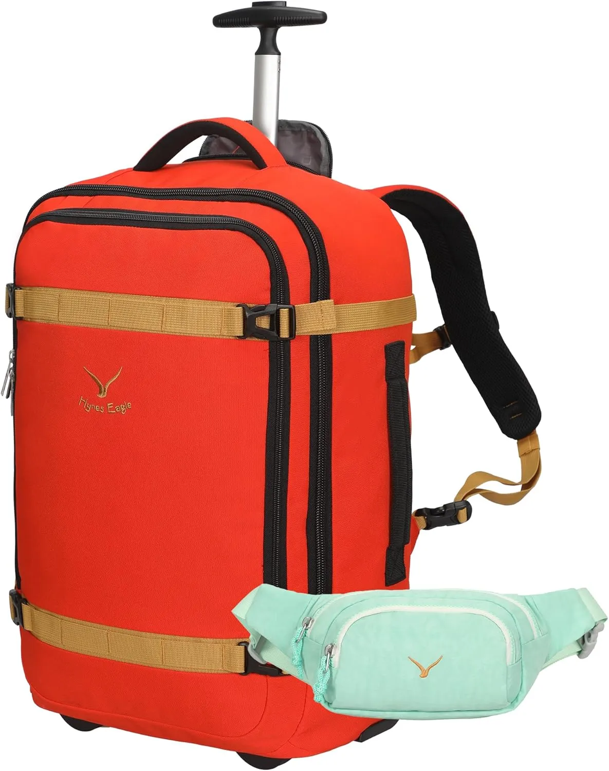 Hynes Eagle Rolling Backpack 42L Backpack with Wheels Airline Approved Carry on Luggage Laptop Travel Suitcase Bag for Women Men Orange with Waist Pack Mint Green