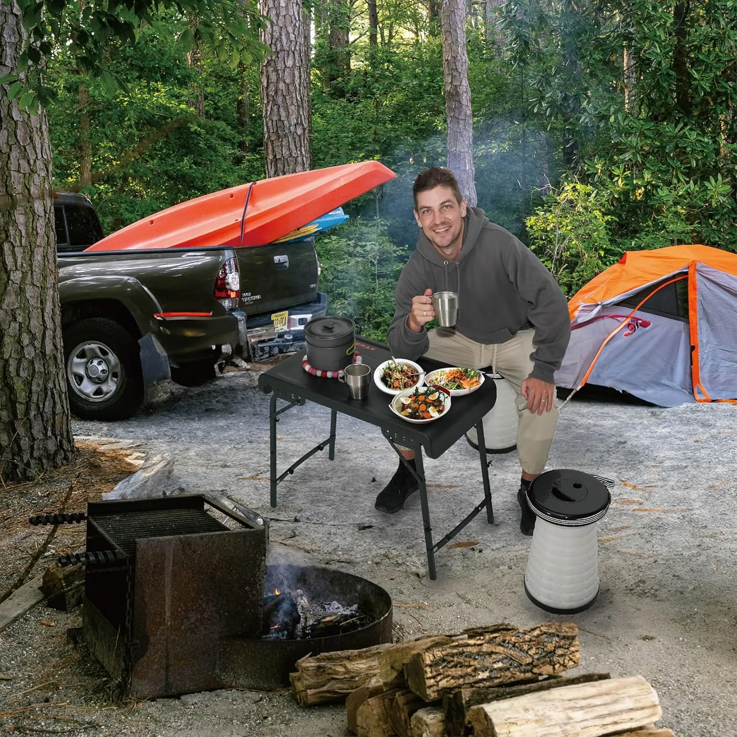 HYPERAX Camping Table & Collapsible Stools Set, Folding Beach Table with 2 Portable Stools for Outdoor Cooking, Picnic, Camp, Boat, Travel (Black)