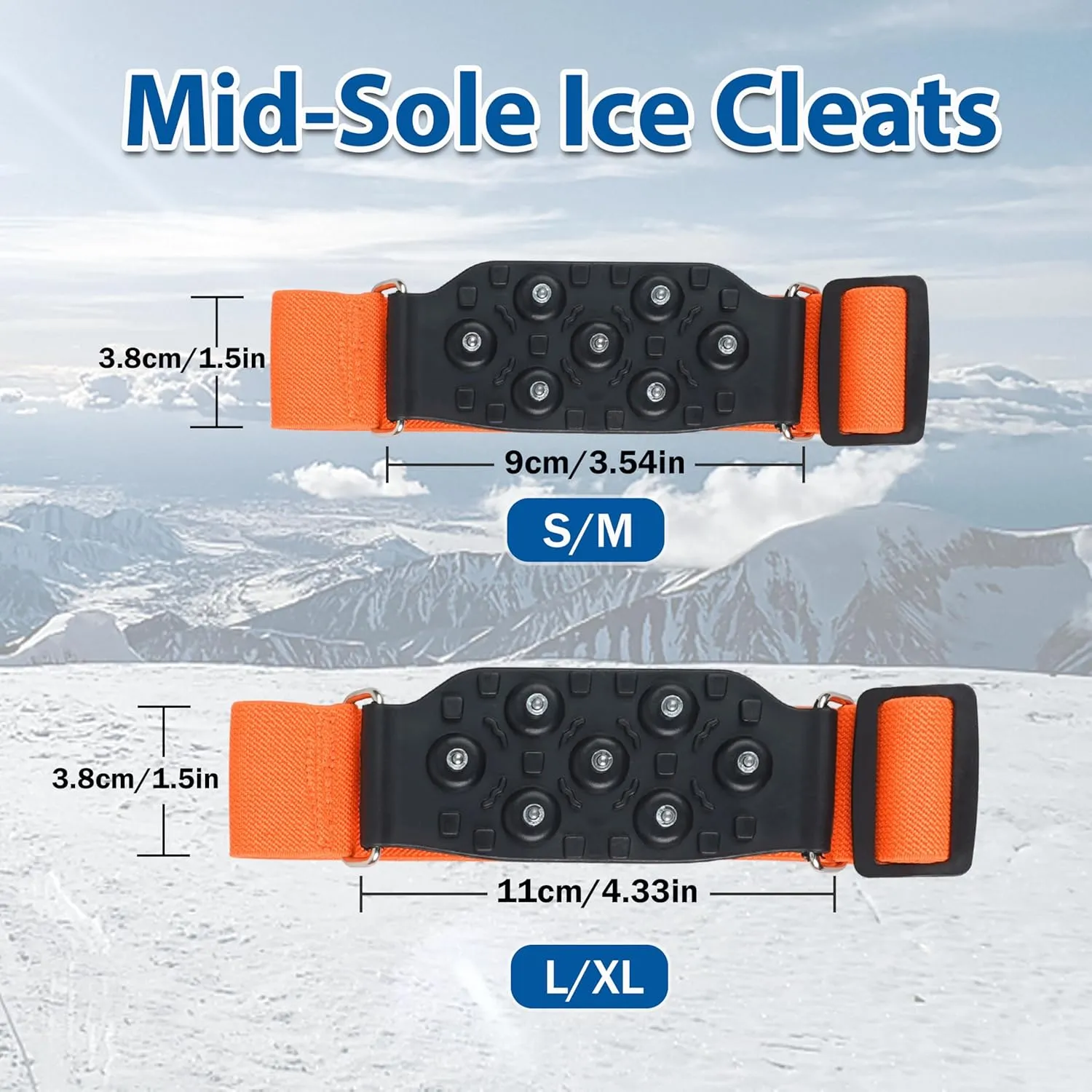 Ice Cleats Mid-Sole Snow Traction Cleats for Shoes and Boots Non-Slip Crampon with 7 Tungsten Studs Adjustable Straps for Secure Grip Winter Walking on Snow Ice Jogging Hiking