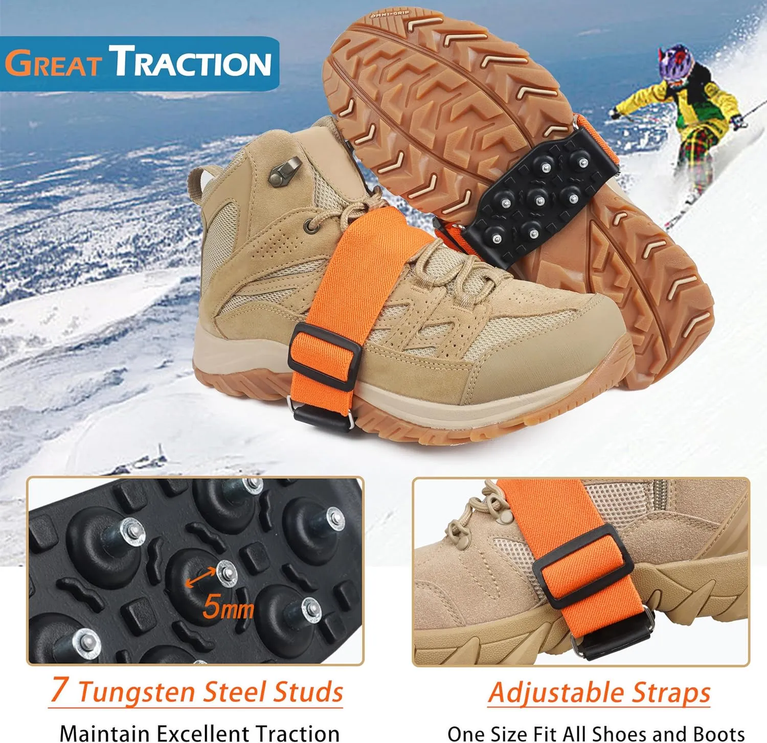 Ice Cleats Mid-Sole Snow Traction Cleats for Shoes and Boots Non-Slip Crampon with 7 Tungsten Studs Adjustable Straps for Secure Grip Winter Walking on Snow Ice Jogging Hiking