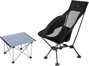 iClimb 1 Folding Table and 1 Adjustable High Back Anti-Sinking Chair Bundle, Ultralight Compact for Adults Outdoor Beach Backpacking Camping Hiking Concert