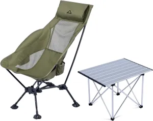 iClimb 1 Folding Table and 1 Adjustable High Back Anti-Sinking Chair Bundle, Ultralight Compact for Adults Outdoor Beach Backpacking Hiking Camping Beach Concert