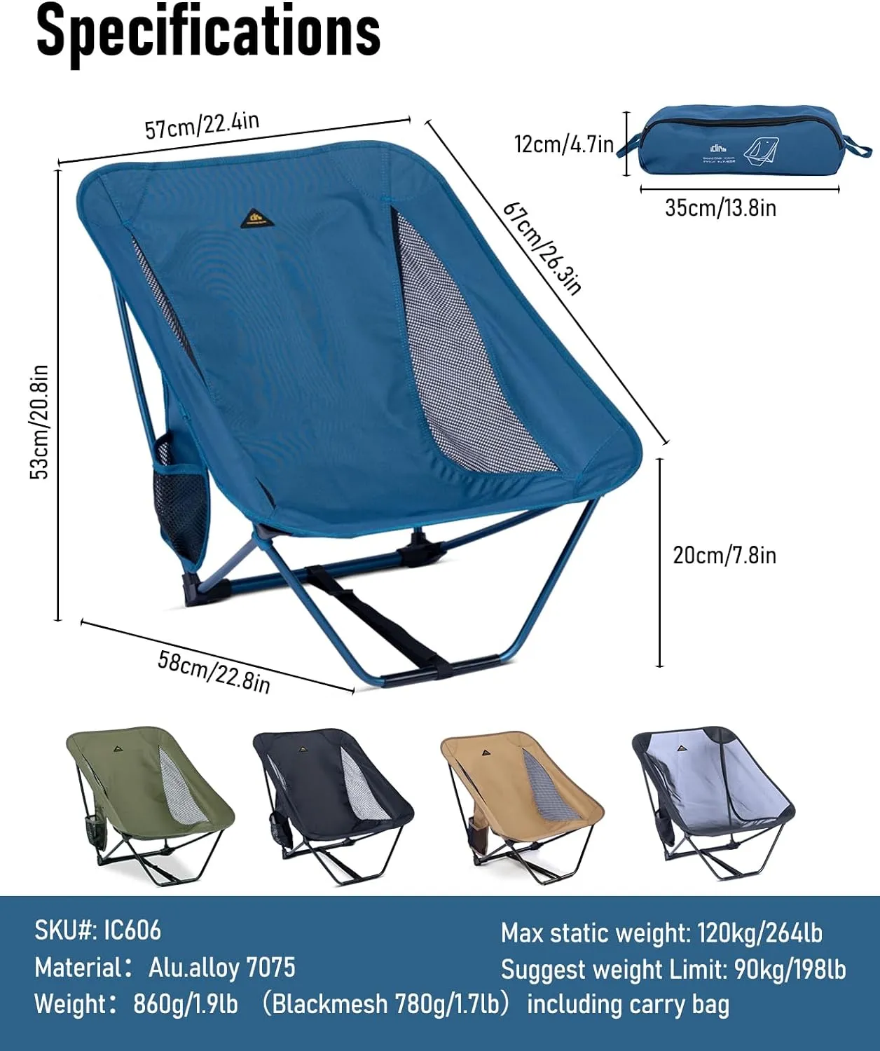 iClimb Low Ultralight Compact Camping Folding Chair with Side Pocket and Carry Bag