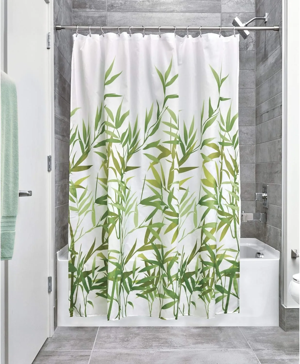 iDesign Anzu Fabric Shower Curtain, Water-Repellent Bath Liner for Kids', Guest, College Dorm, Master Bathroom, 72" x 72", Green