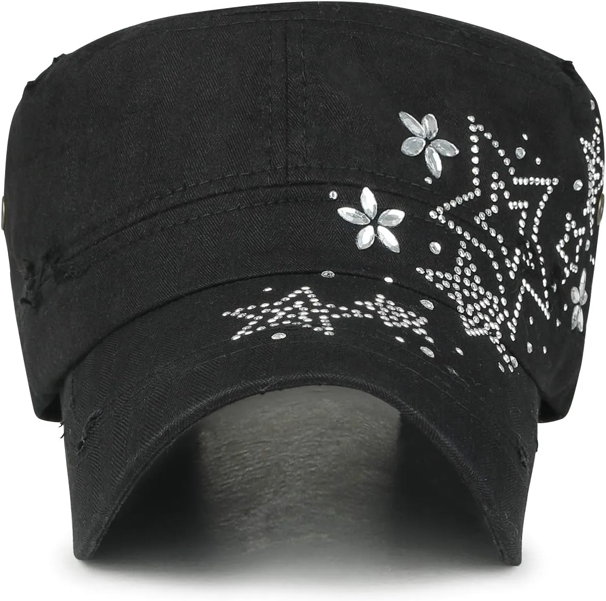 ililily Rhinestone Cotton Cadet Cap Vintage Distressed Cotton Military Army Hat