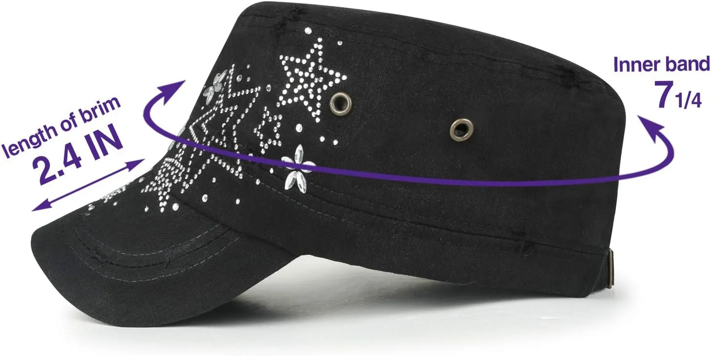 ililily Rhinestone Cotton Cadet Cap Vintage Distressed Cotton Military Army Hat