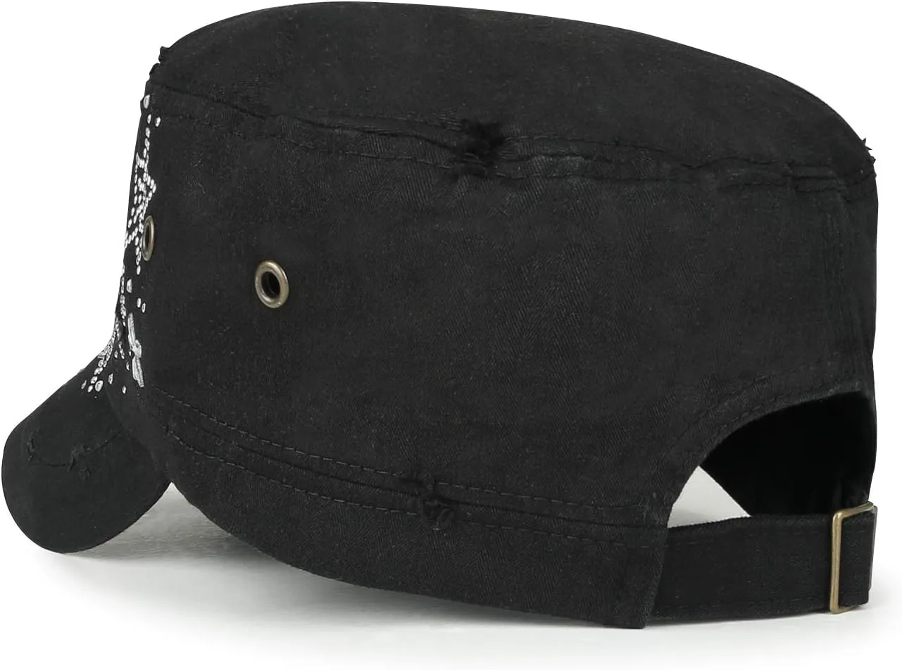 ililily Rhinestone Cotton Cadet Cap Vintage Distressed Cotton Military Army Hat