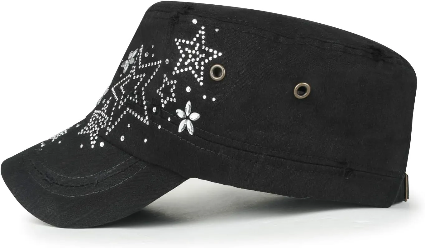 ililily Rhinestone Cotton Cadet Cap Vintage Distressed Cotton Military Army Hat
