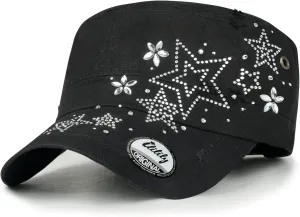 ililily Rhinestone Cotton Cadet Cap Vintage Distressed Cotton Military Army Hat