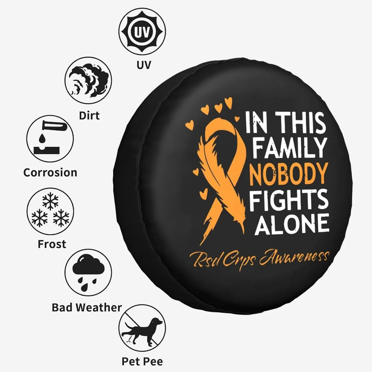 in This Family Nobody Fights Alone RSD CRPS Awareness Windproof and Rainproof Wheel hub Protection Cover, Spare tire Cover 17 inch