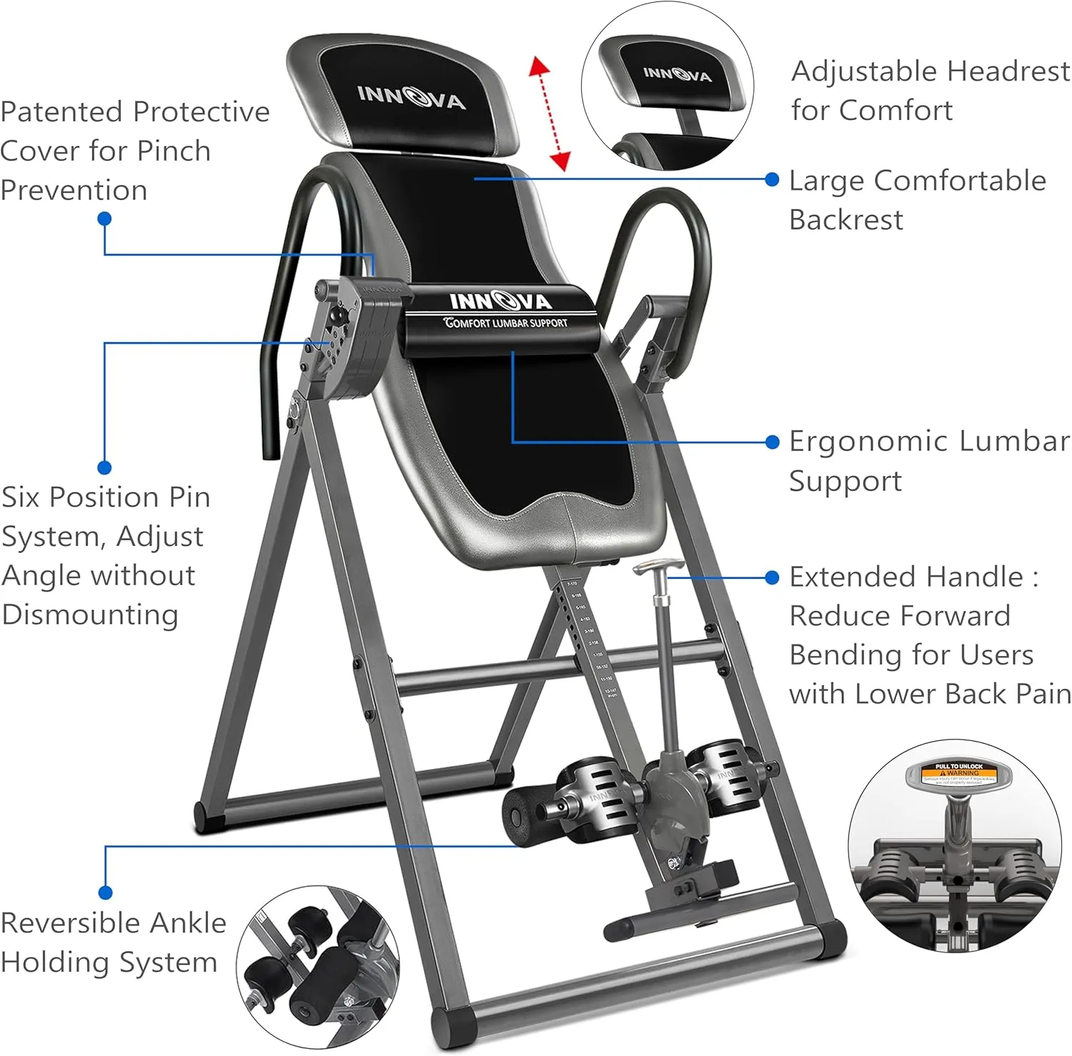 Innova Inversion Table with Adjustable Headrest, Reversible Ankle Holders, and 300 lb Weight Capacity