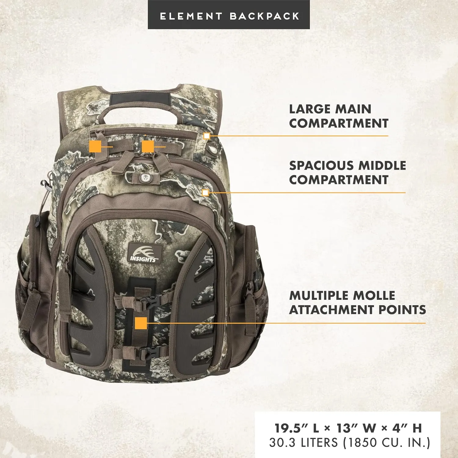 Insights Hunting by frogg toggs- The Element, Heavy Duty 1,831 Cubic Inch Hiking Fishing Camping Hunting Backpack