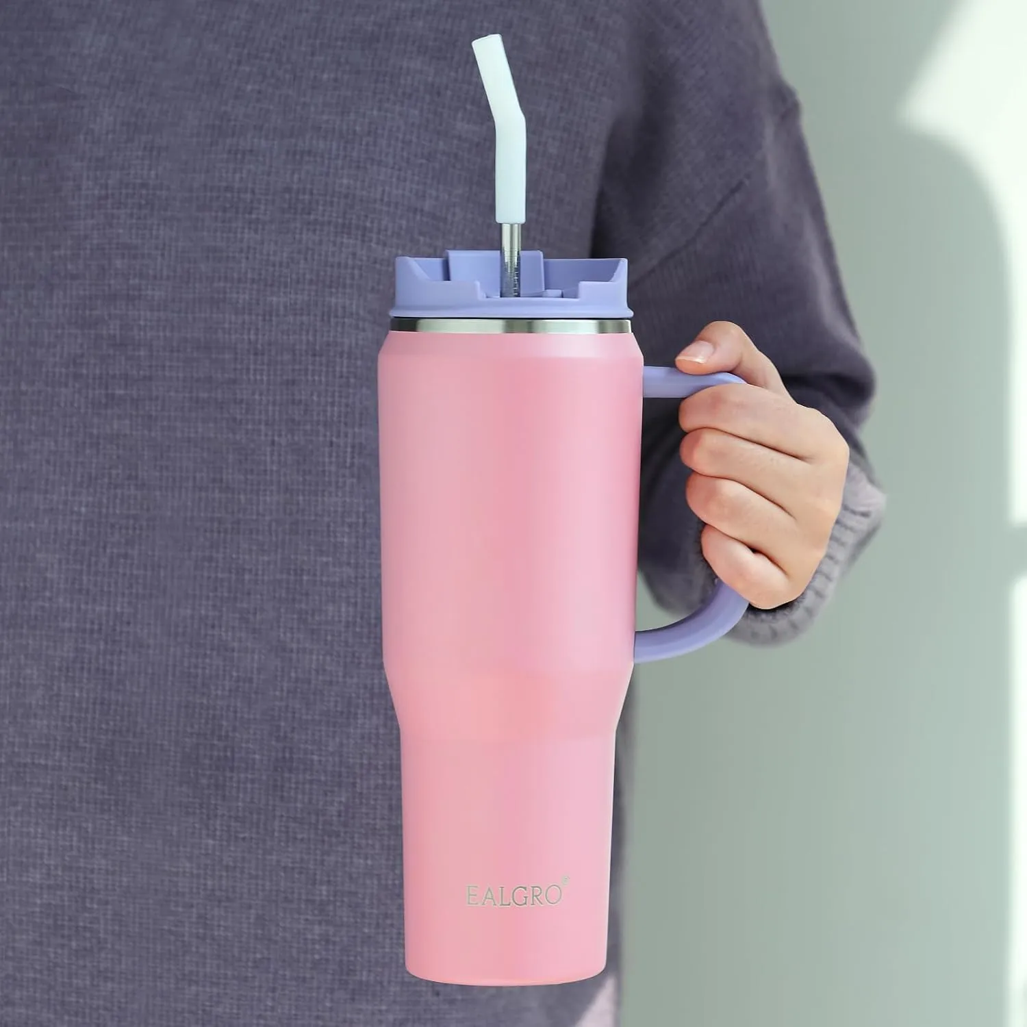 Insulated Coffee Mug Cup with Lid, 40 oz Tumbler with Handle and Straw, Double walled Stainless Steel Coffee Tumbler, Thermal Water Bottle Jug, Navy Blue