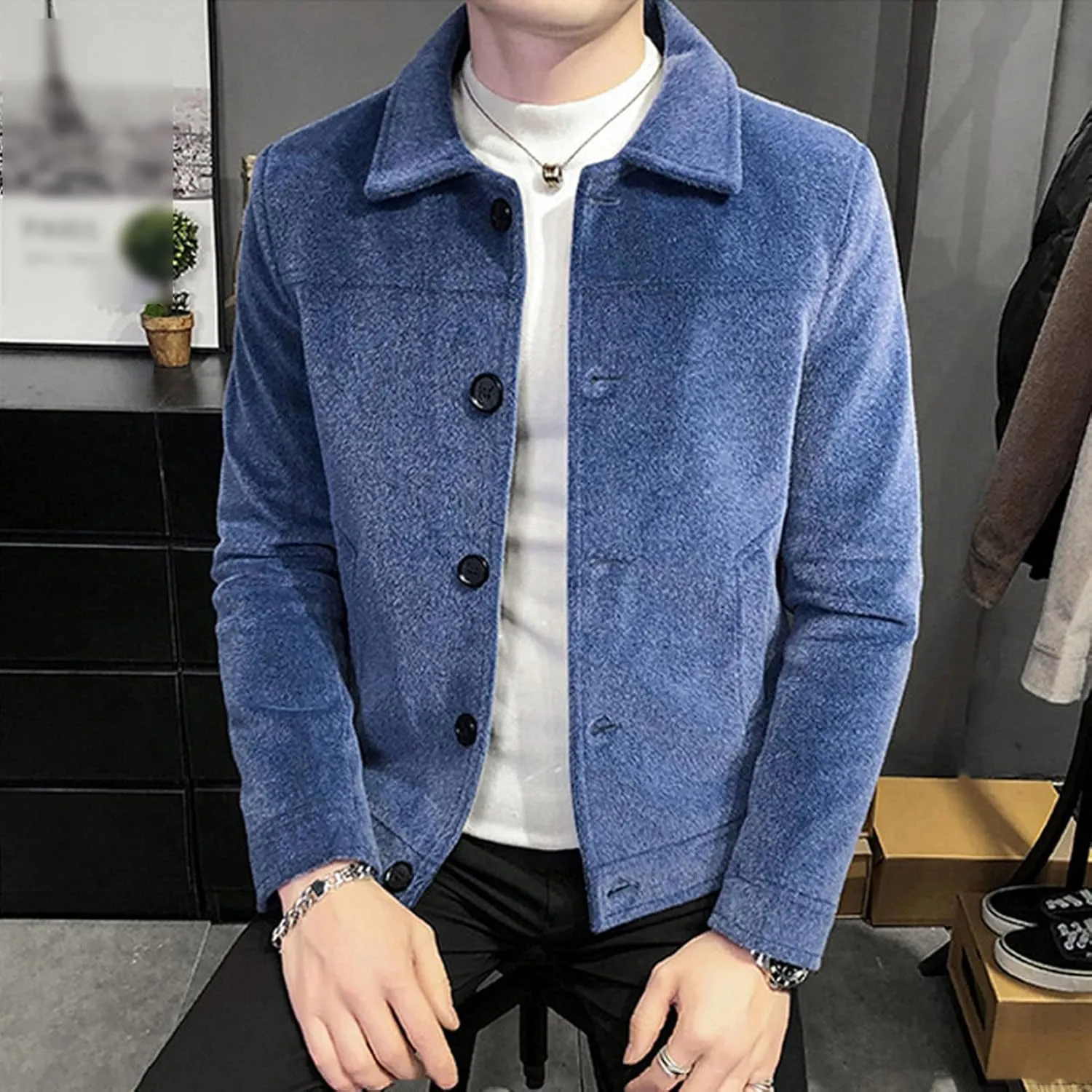 JEShifangjiusu Men'S Classic Notched Collar Casual Double Breasted Wool Blend Pea Coat Business Down Jacket Trench Topcoat