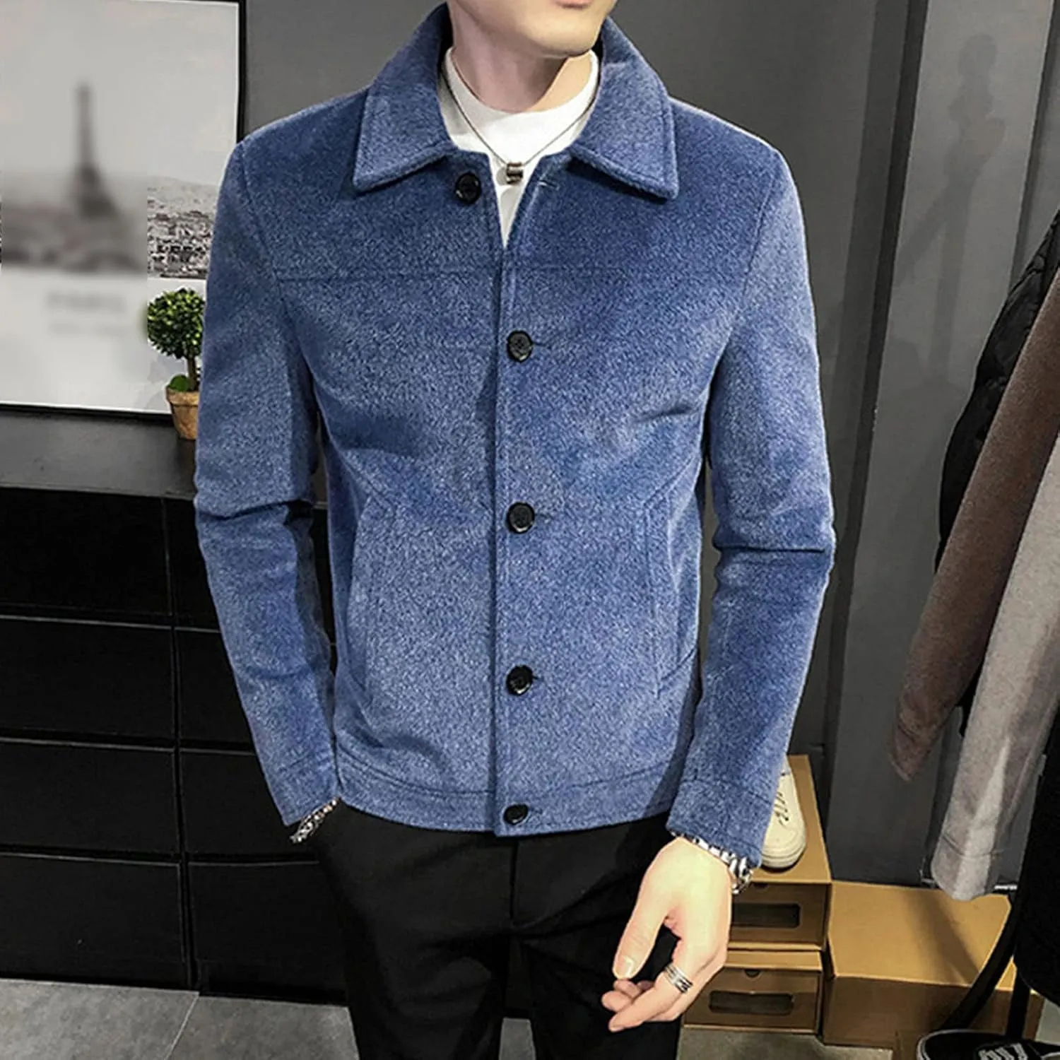 JEShifangjiusu Men'S Classic Notched Collar Casual Double Breasted Wool Blend Pea Coat Business Down Jacket Trench Topcoat