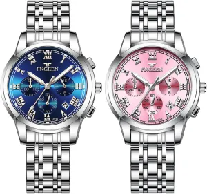 JewelryWe Stainless Steel Dress Watch: Men Women Gold Silver Tone Luminous Analog Quartz Calendar Waterproof Business Wristwatch Couple Matching Watches Set