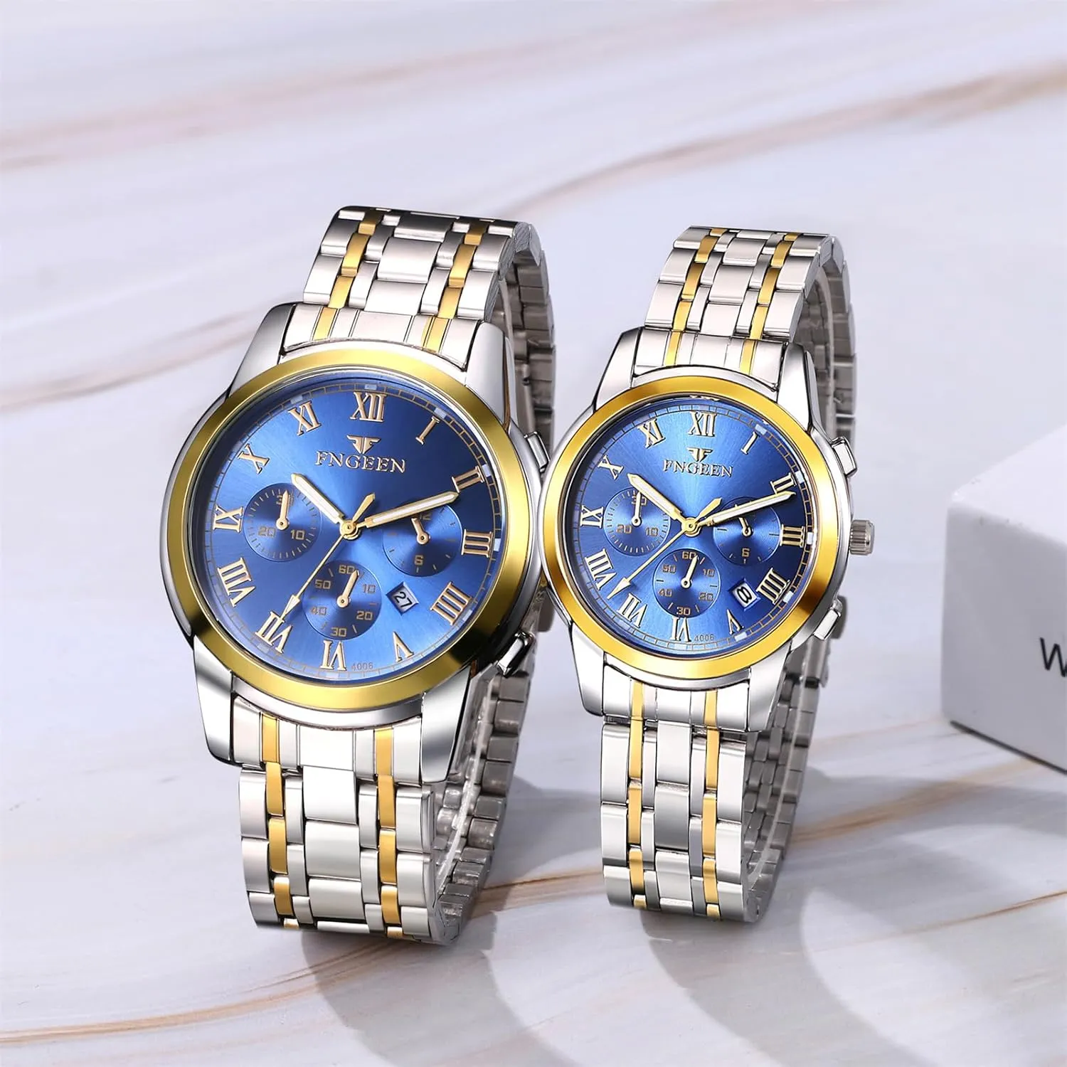 JewelryWe Stainless Steel Dress Watch: Men Women Gold Silver Tone Luminous Analog Quartz Calendar Waterproof Business Wristwatch Couple Matching Watches Set