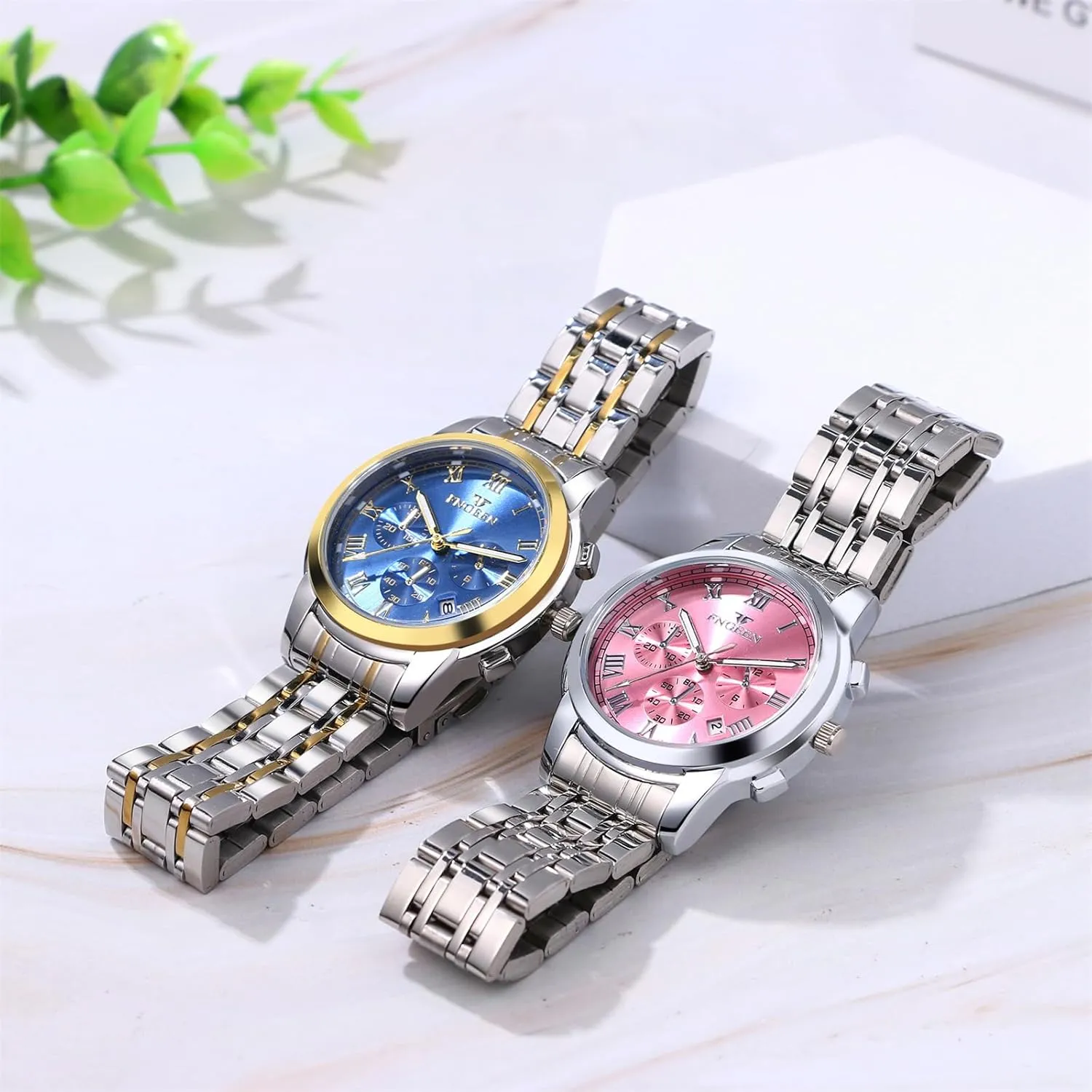 JewelryWe Stainless Steel Dress Watch: Men Women Gold Silver Tone Luminous Analog Quartz Calendar Waterproof Business Wristwatch Couple Matching Watches Set