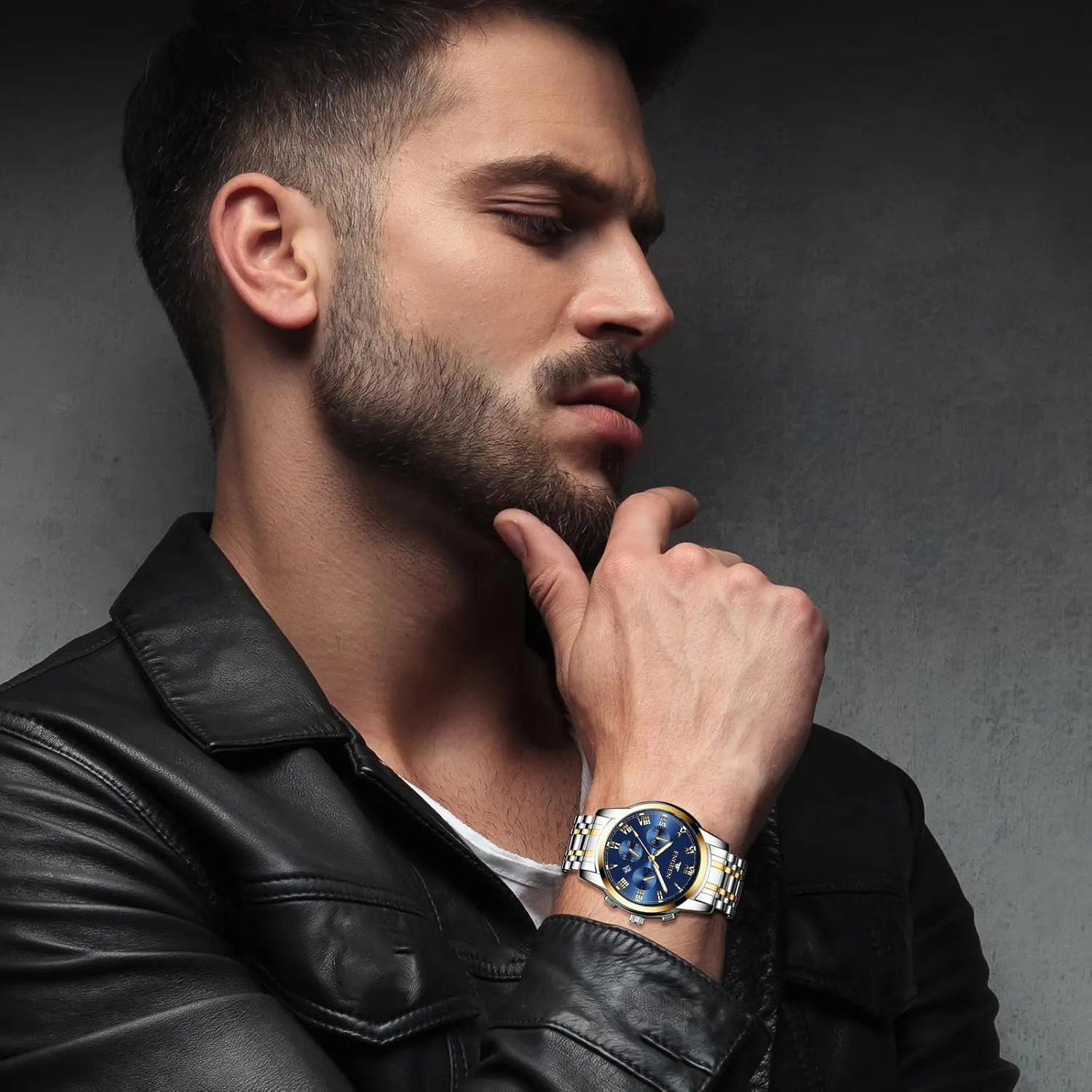 JewelryWe Stainless Steel Dress Watch: Men Women Gold Silver Tone Luminous Analog Quartz Calendar Waterproof Business Wristwatch Couple Matching Watches Set