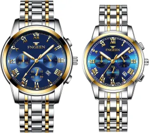JewelryWe Stainless Steel Dress Watch: Men Women Gold Silver Tone Luminous Analog Quartz Calendar Waterproof Business Wristwatch Couple Matching Watches Set