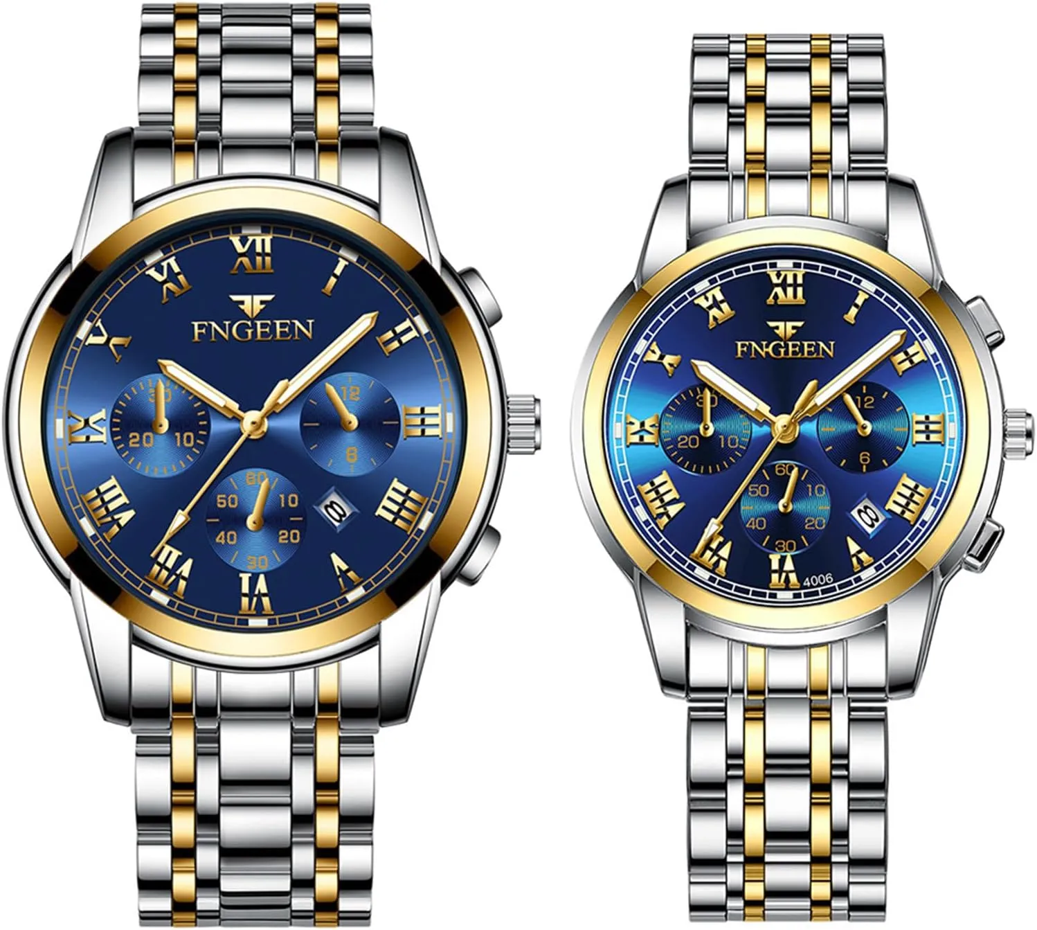 JewelryWe Stainless Steel Dress Watch: Men Women Gold Silver Tone Luminous Analog Quartz Calendar Waterproof Business Wristwatch Couple Matching Watches Set
