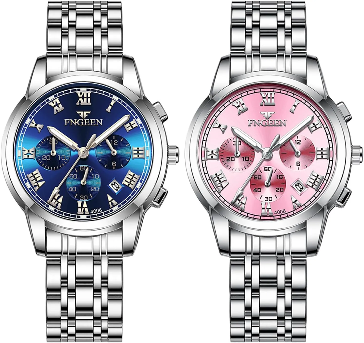 JewelryWe Stainless Steel Dress Watch: Men Women Gold Silver Tone Luminous Analog Quartz Calendar Waterproof Business Wristwatch Couple Matching Watches Set