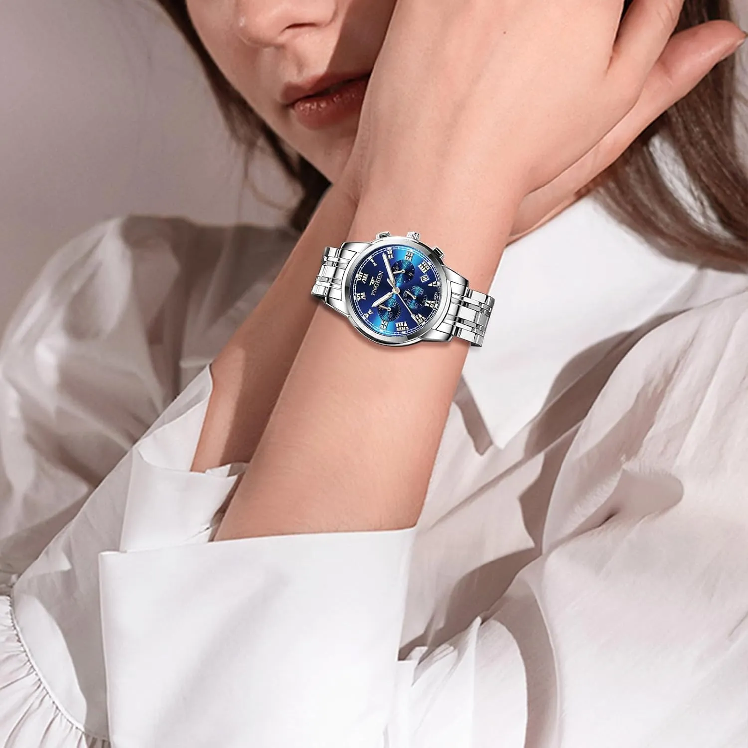 JewelryWe Stainless Steel Dress Watch: Men Women Gold Silver Tone Luminous Analog Quartz Calendar Waterproof Business Wristwatch Couple Matching Watches Set