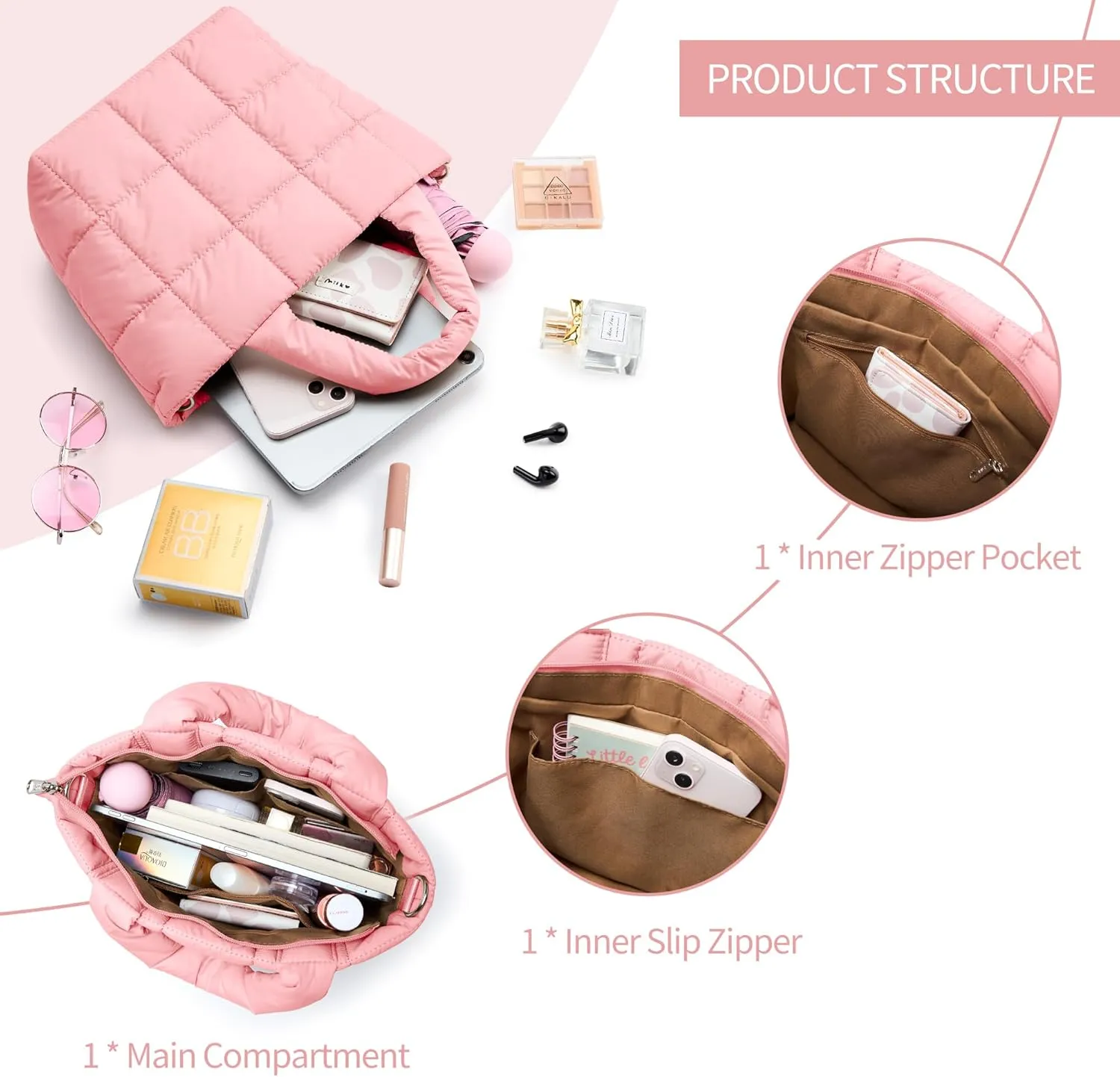 KALIDI Quilted Tote Bag Small Puffer Crossbody Bag for Women Lightweight Nylon Puffy Shoulder Handbag with Adjustable Strap