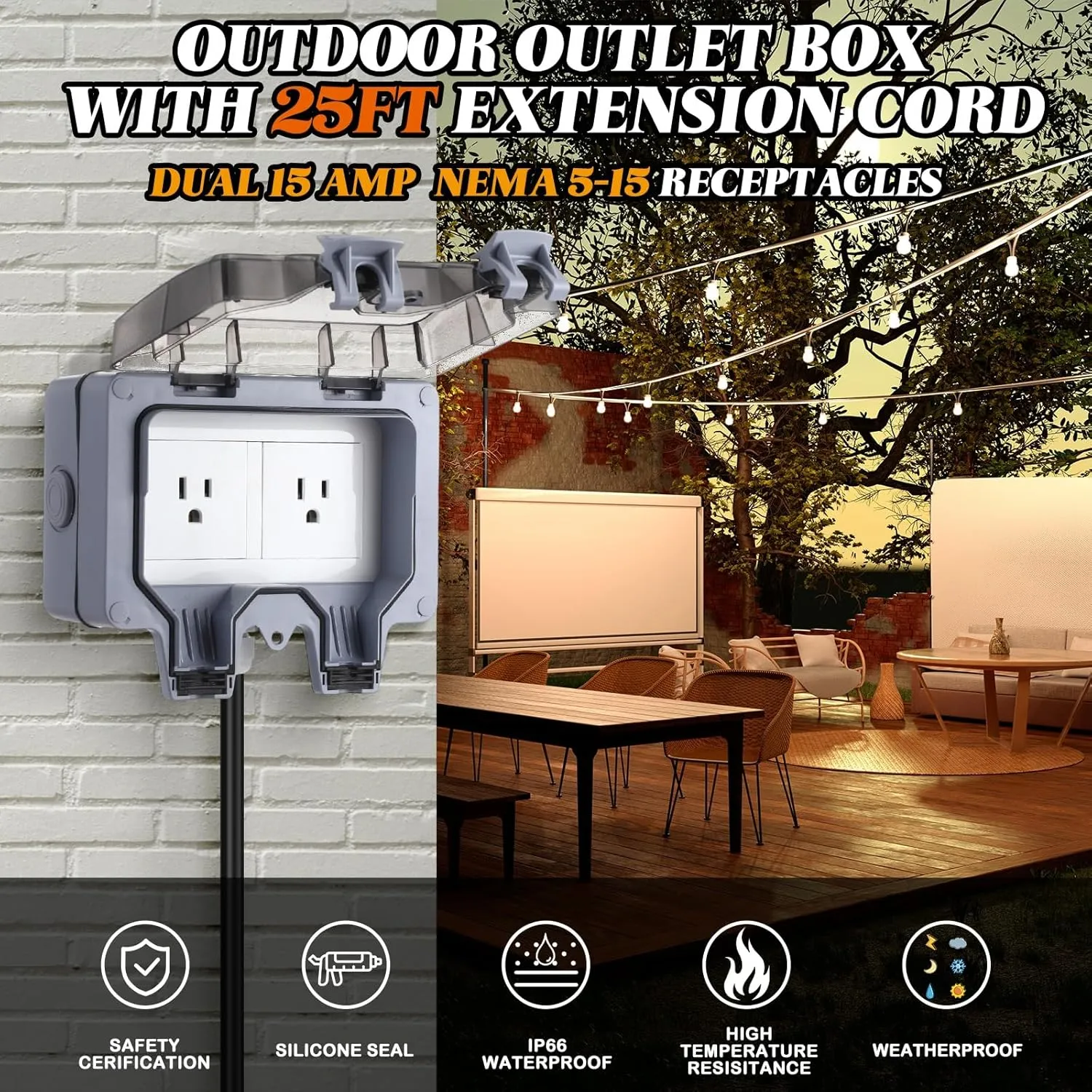 Kanayu 25ft Outdoor Outlet Box with Extension Cord, Dual 15 Amp 5-15 Receptacles Weatherproof Waterproof Ip66 Outdoor Exterior Socket with Cover, 14 AWG/3C SJTW Cord