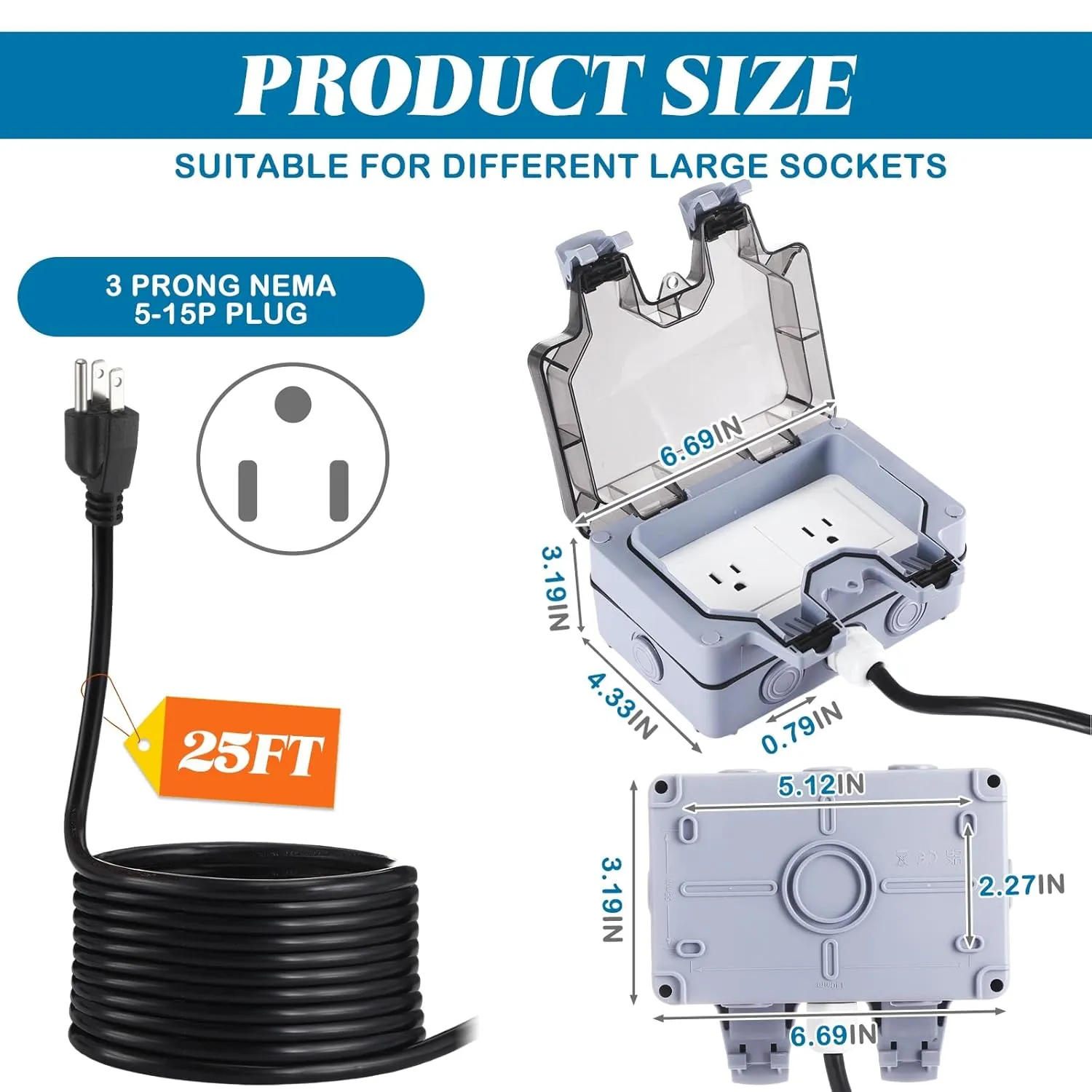 Kanayu 25ft Outdoor Outlet Box with Extension Cord, Dual 15 Amp 5-15 Receptacles Weatherproof Waterproof Ip66 Outdoor Exterior Socket with Cover, 14 AWG/3C SJTW Cord