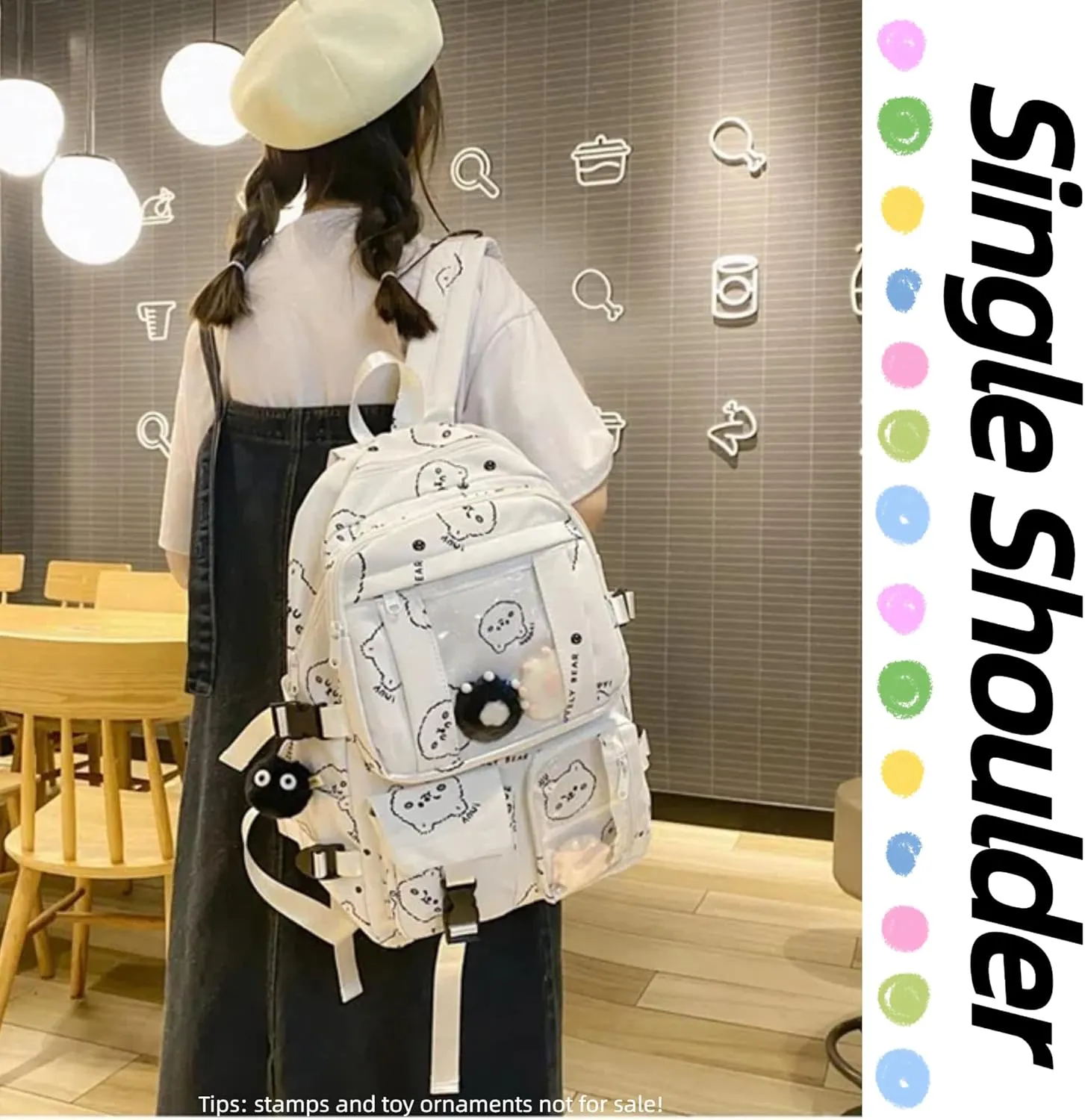Kawaii Ita Backpack with Clear Display Bag Large Cute Cat Print Daypack for Travel Cosplay Conventions for Anime Lovers (White)