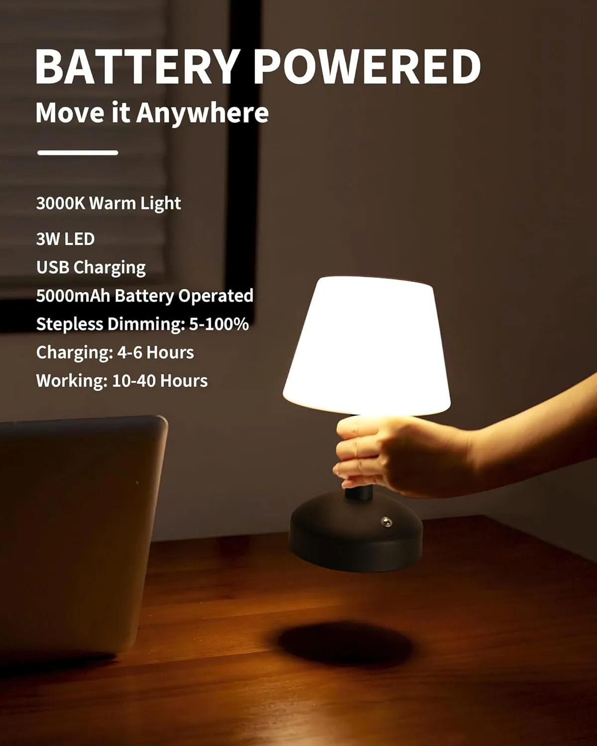 KDG Modern Cordless Small Table Lamps, Portable LED Dimmable Desk Lamp, 5000mAh Rechargeable Battery Operated Lighting for Restaurant/Bedroom/Bedside/Bar/Outdoor/Camping/Night Light(Black)