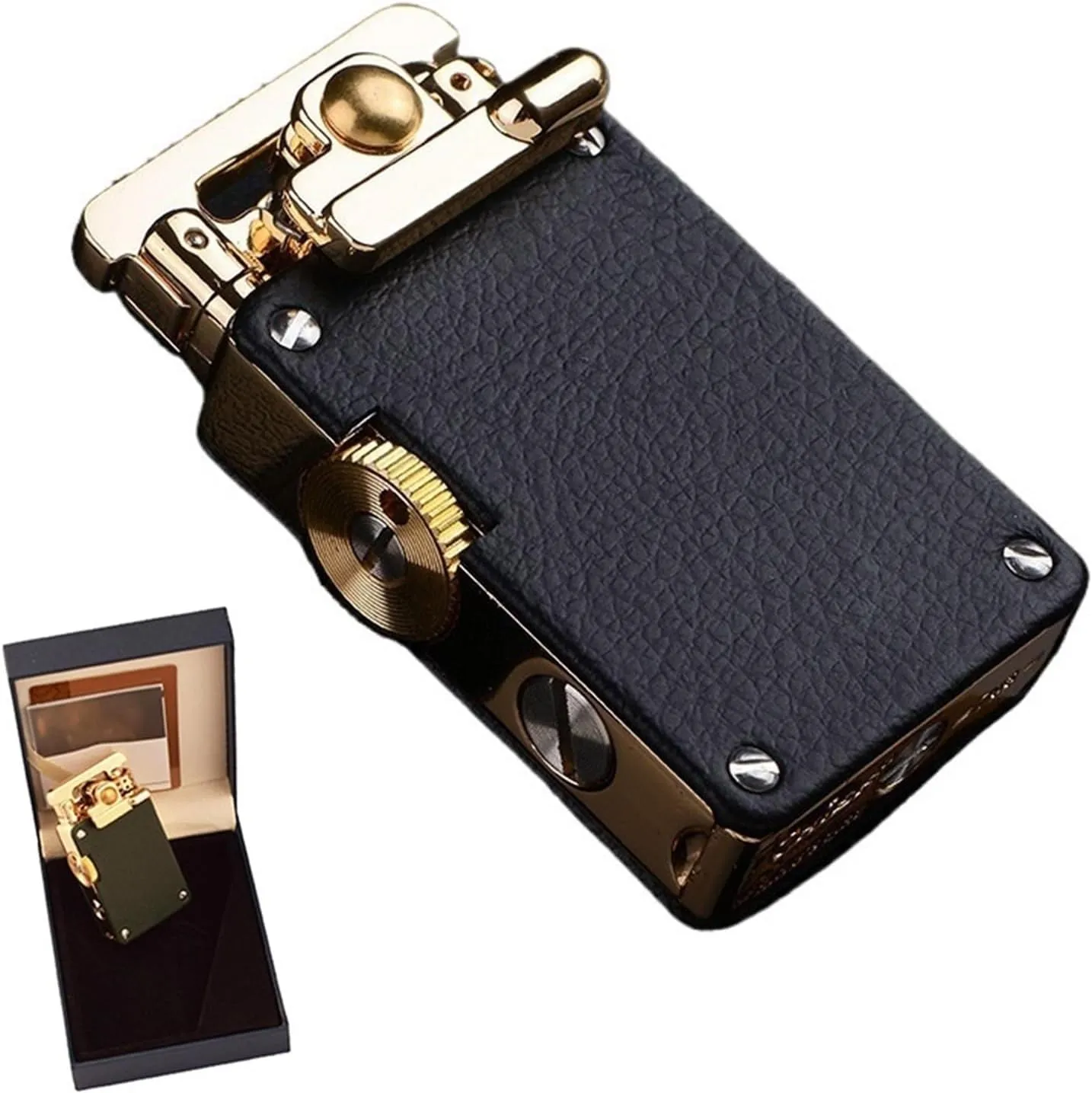 Kerosene Lighter, Vintage Leather Rocker Trench Windproof Lighter, Reusable, Collectible Gift (Kerosene not Included)(Black)