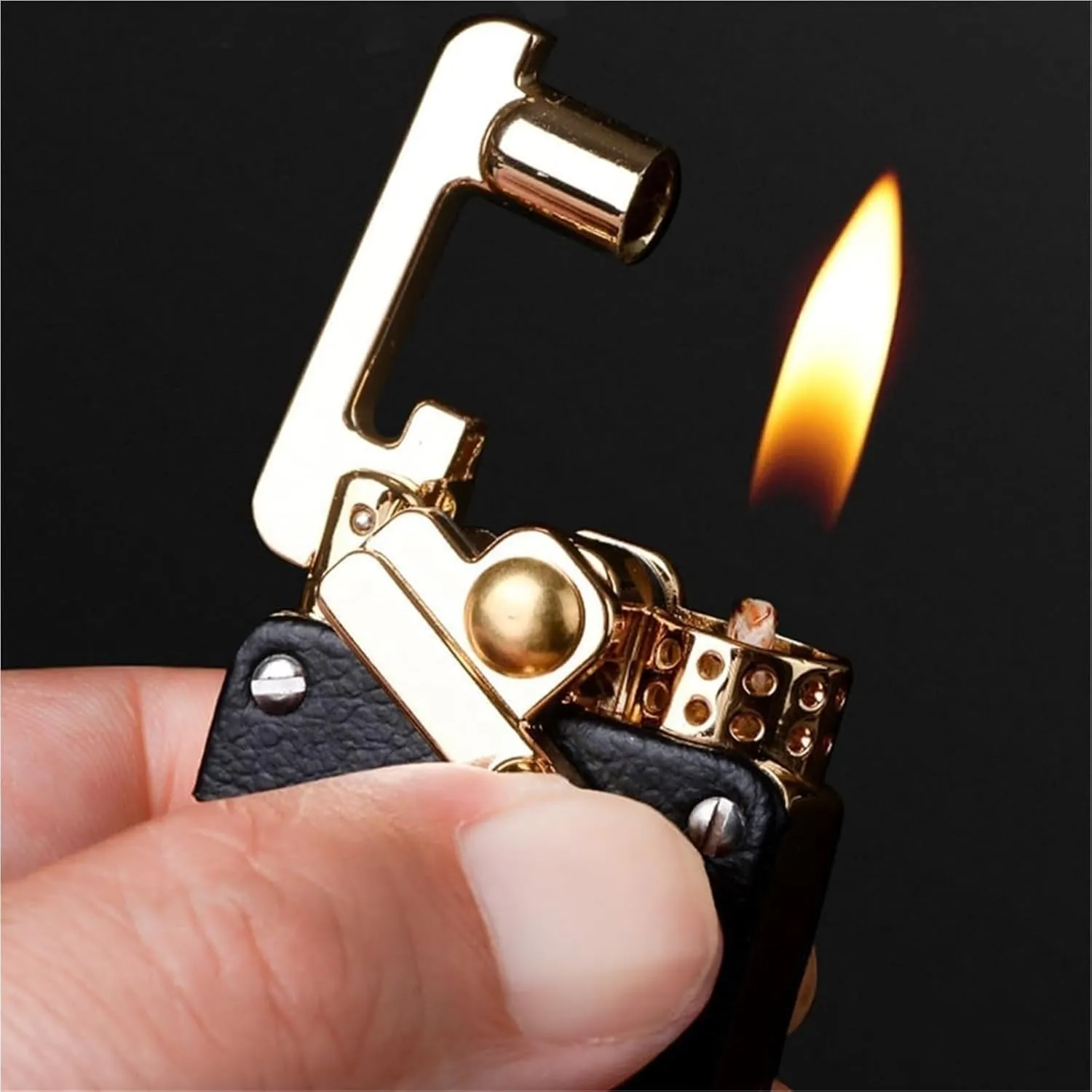 Kerosene Lighter, Vintage Leather Rocker Trench Windproof Lighter, Reusable, Collectible Gift (Kerosene not Included)(Black)