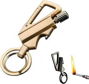 Keychain Lighter - Match Kerosene Lighter - with Bottle Opener, Windproof and Waterproof, Refillable Fuel, Suitable for Outdoor Camping/Hiking (Kerosene Not Included)(Gold)