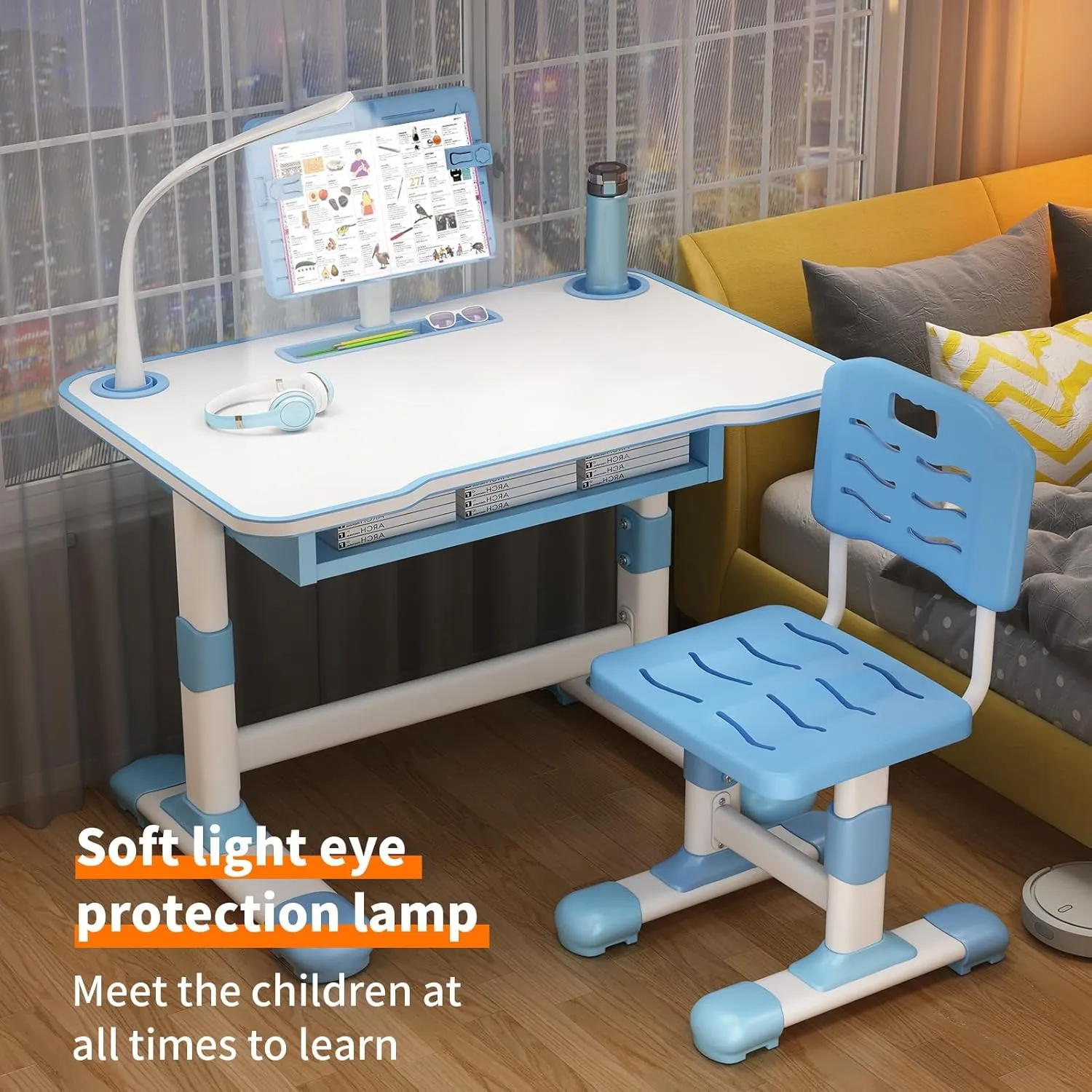 Kids Desk and Chair Set, Ergonomic Height Adjustable Children School Study Desk, Toddlers Writing Table with Tiltable Reading Stand LED Table Light, Bedroom Children Learning Table Blue