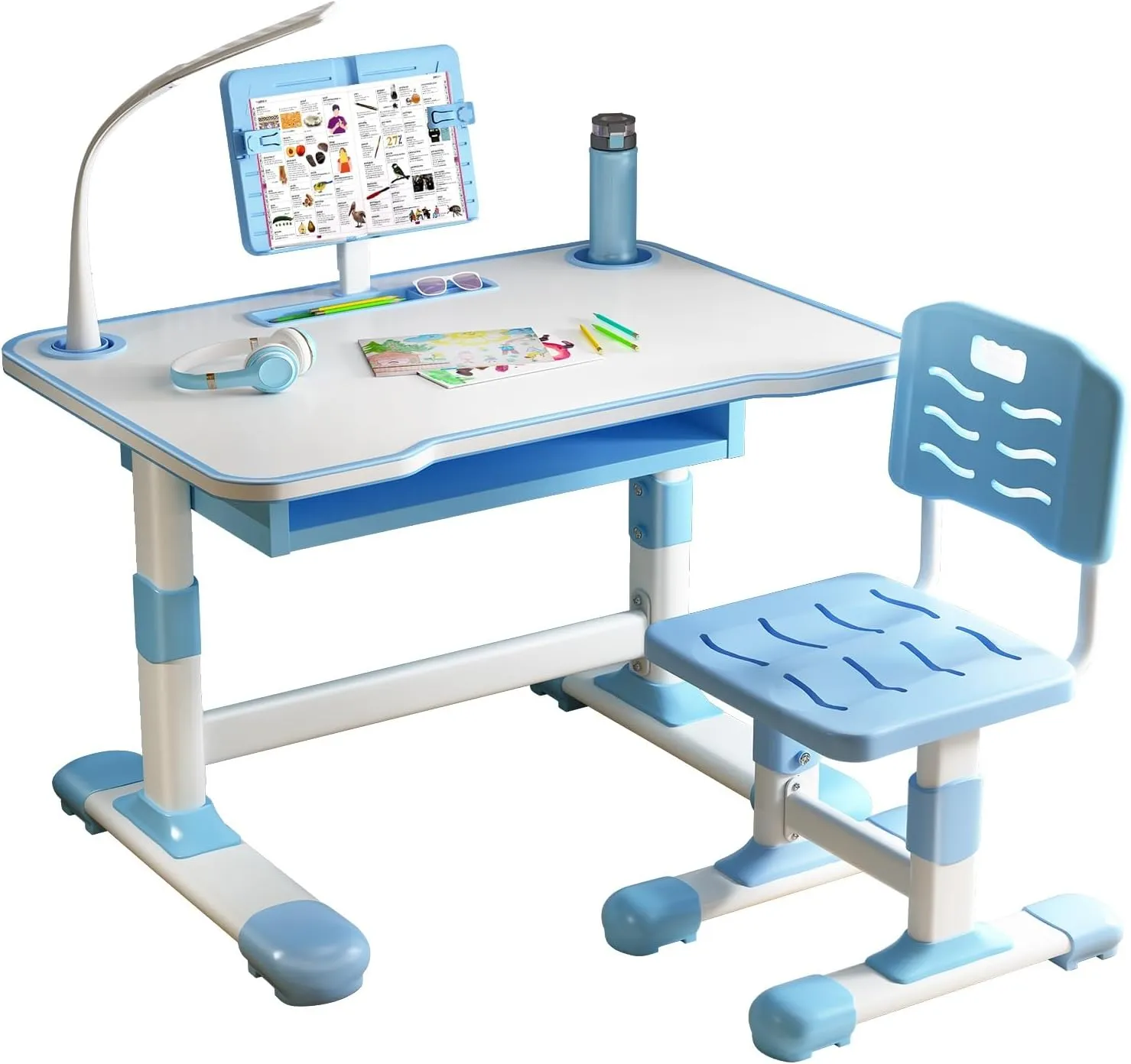 Kids Desk and Chair Set, Ergonomic Height Adjustable Children School Study Desk, Toddlers Writing Table with Tiltable Reading Stand LED Table Light, Bedroom Children Learning Table Blue