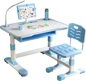 Kids Desk and Chair Set, Ergonomic Height Adjustable Children School Study Desk, Toddlers Writing Table with Tiltable Reading Stand LED Table Light, Bedroom Children Learning Table Blue