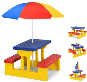 Kids Picnic Table, Kids Outdoor Table and Chairs with Removable and Adjustable Umbrella, Kids Bench Table Indoor, Portable Toddler Picnic Table for Patio, Backyard, Garden (Colorful)