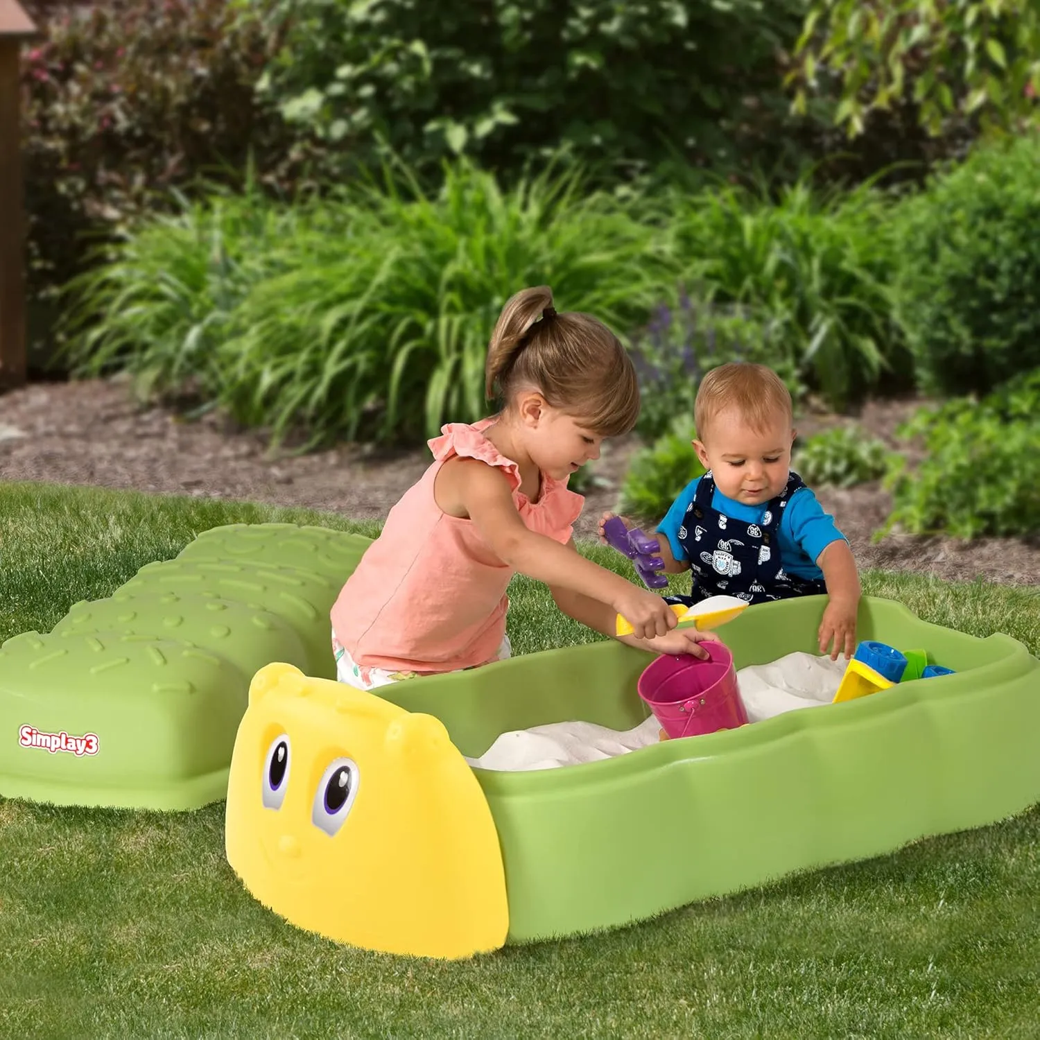 Kids Plastic Sandbox with Lid for Outdoor Play and Indoor Sensory Play (Caterpillar Sandbox - Green)