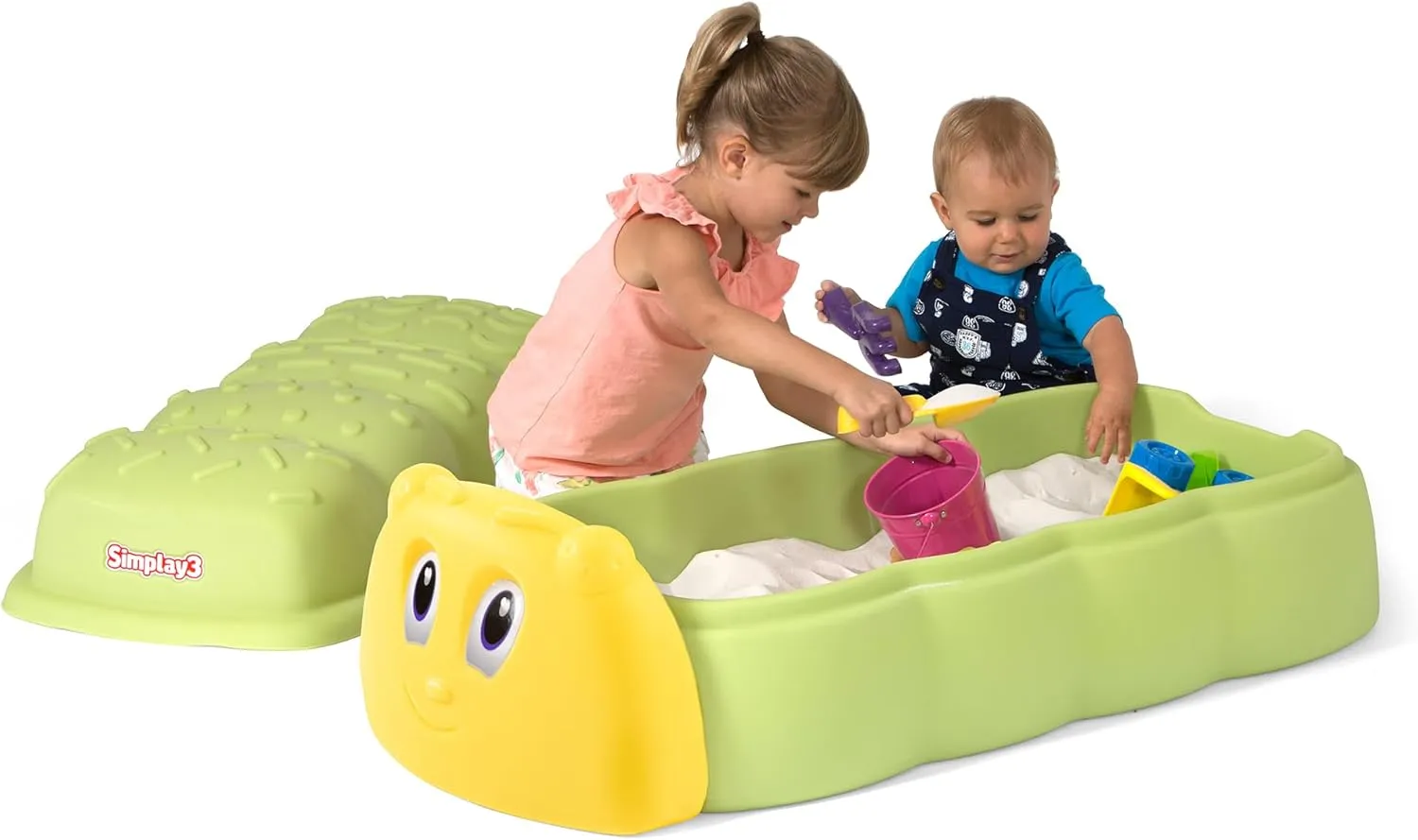 Kids Plastic Sandbox with Lid for Outdoor Play and Indoor Sensory Play (Caterpillar Sandbox - Green)