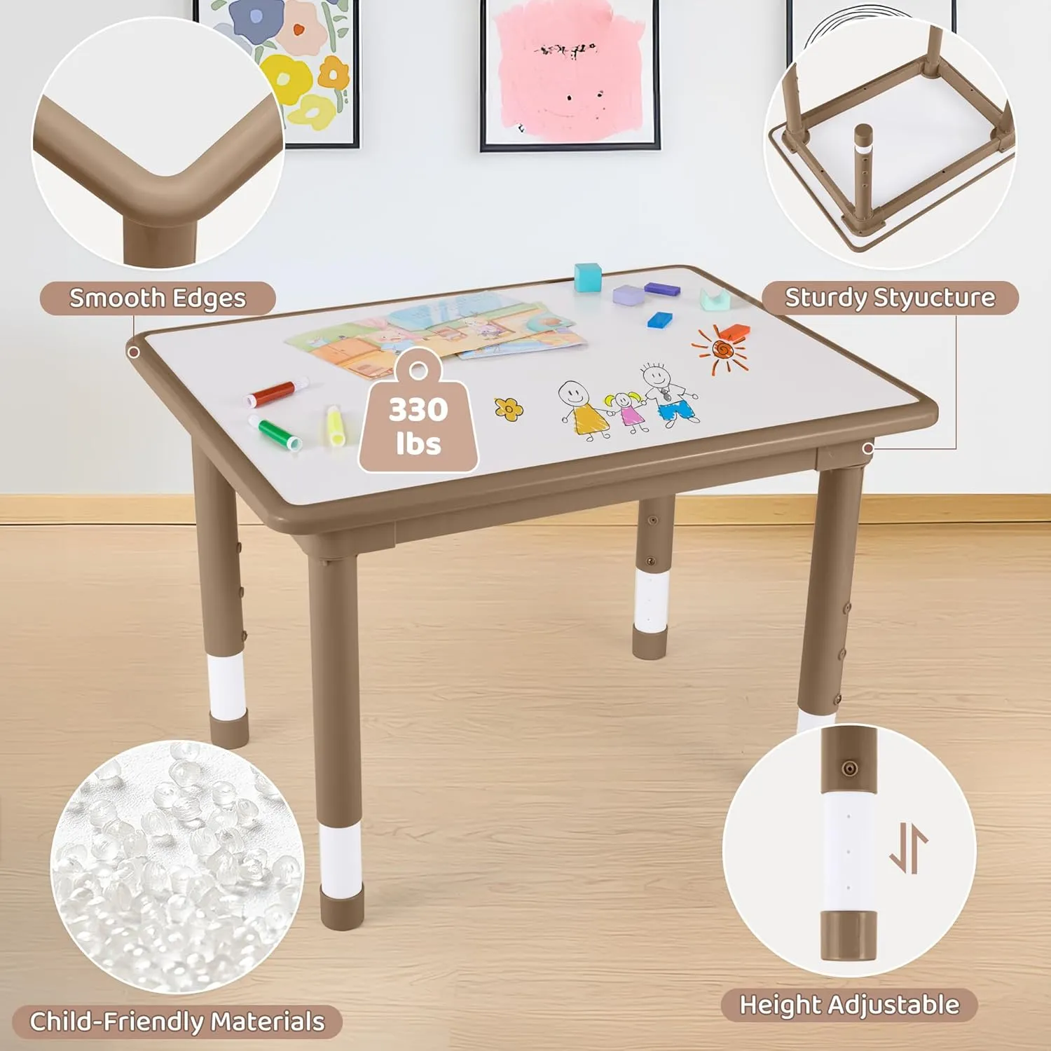 Kids Table and 4 Chairs Set, Height Adjustable (17.7"-26.1") Toddler Table and Chair Set, Multi-Activity Table with Graffiti Desktop, Children’s Table and Chairs for Classroom, Home & Daycare