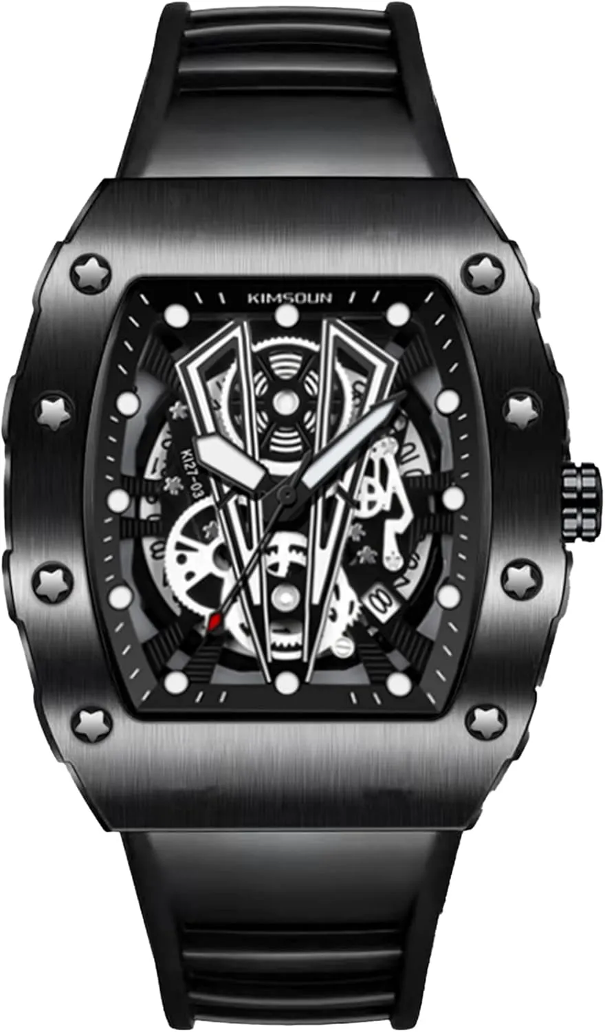 KIMSDUN-Stylish Sport Watches, Waterproof, Analog Quartz Date Calendar Wristwatch, Tonneau Case Casual Watch, Silicone Strap for Men Unisex